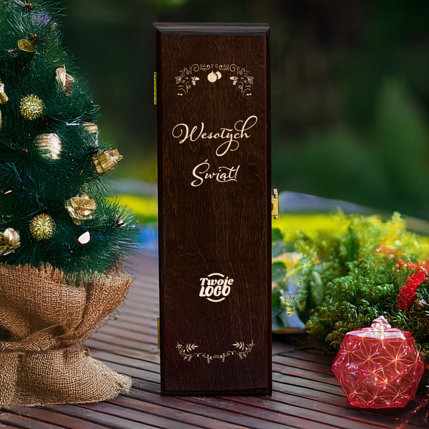 Skrzynka na Wino z Logo - Prezent na Święta dla Firm - Prezent Świąteczny z Logo - Wesołych Świąt  - Brązowa