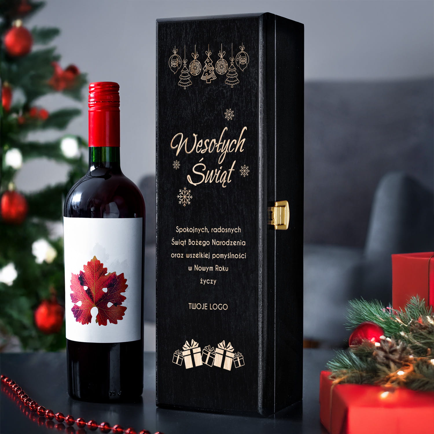 Skrzynka na Wino z Logo - Prezent na Święta dla Firm - Prezent Świąteczny z Logo - Wesołych Świąt  - Czarna