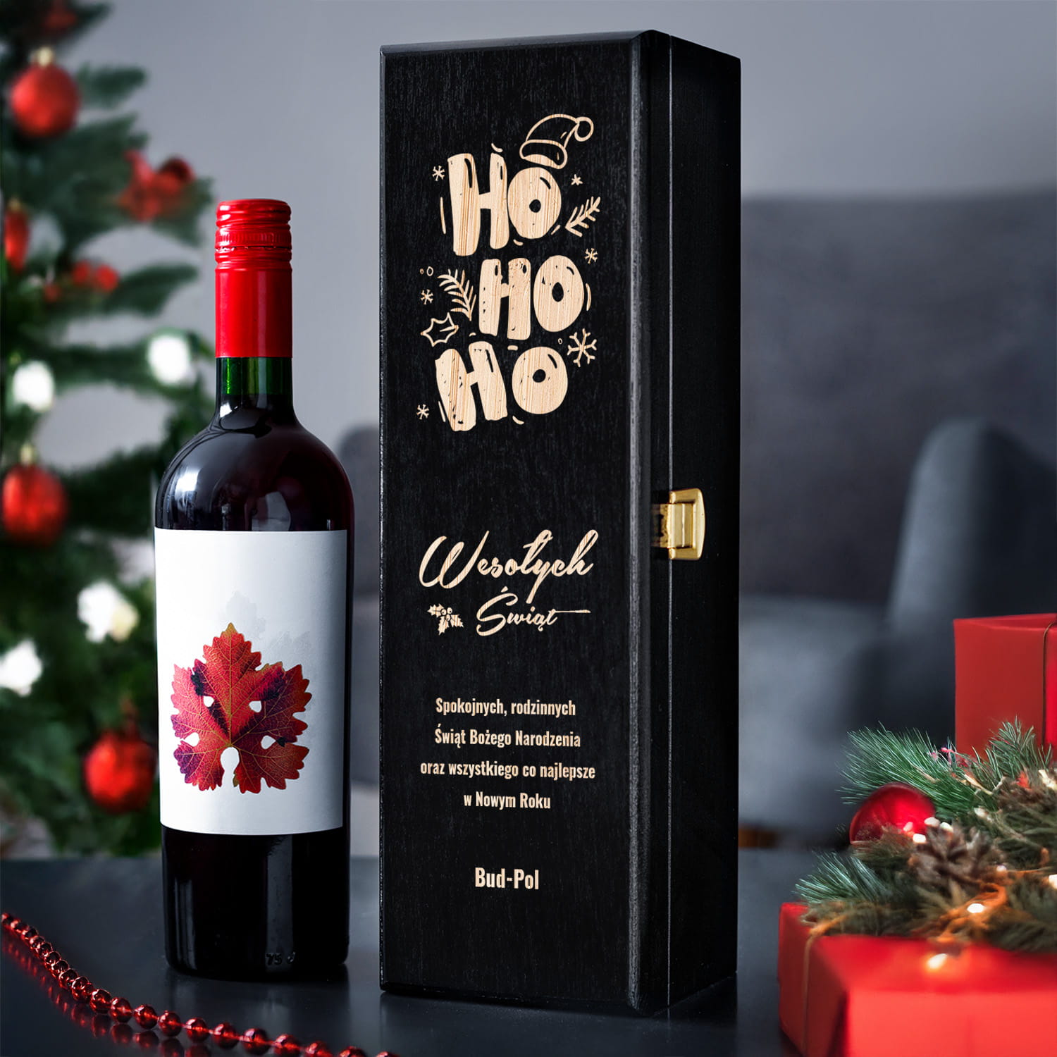 Skrzynka na Wino z Logo - Prezent na Święta dla Firm - Prezent Świąteczny z Logo - Wesołych Świąt  - Czarna