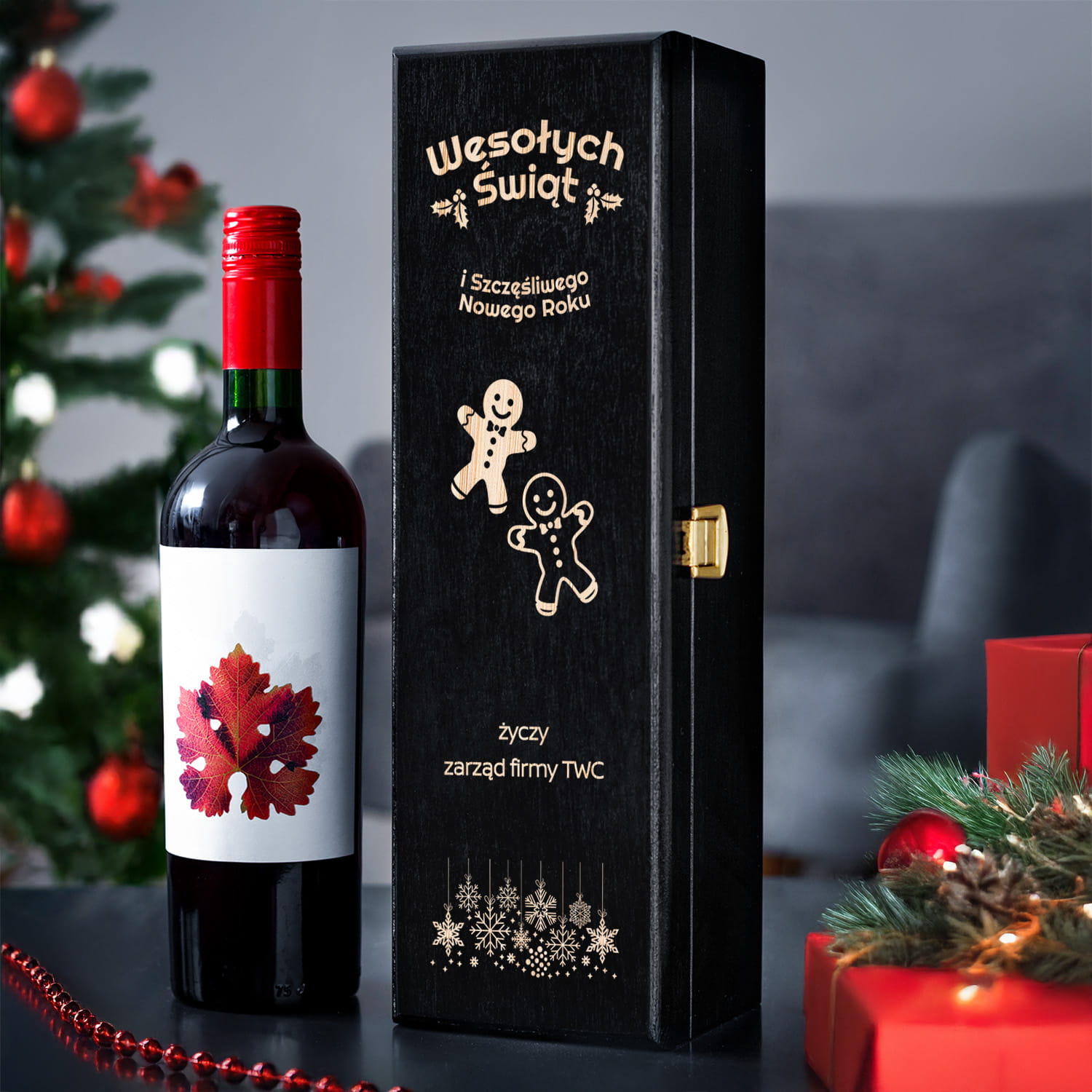 Skrzynka na Wino z Logo - Prezent na Święta dla Firm - Prezent Świąteczny z Logo - Wesołych Świąt  - Czarna