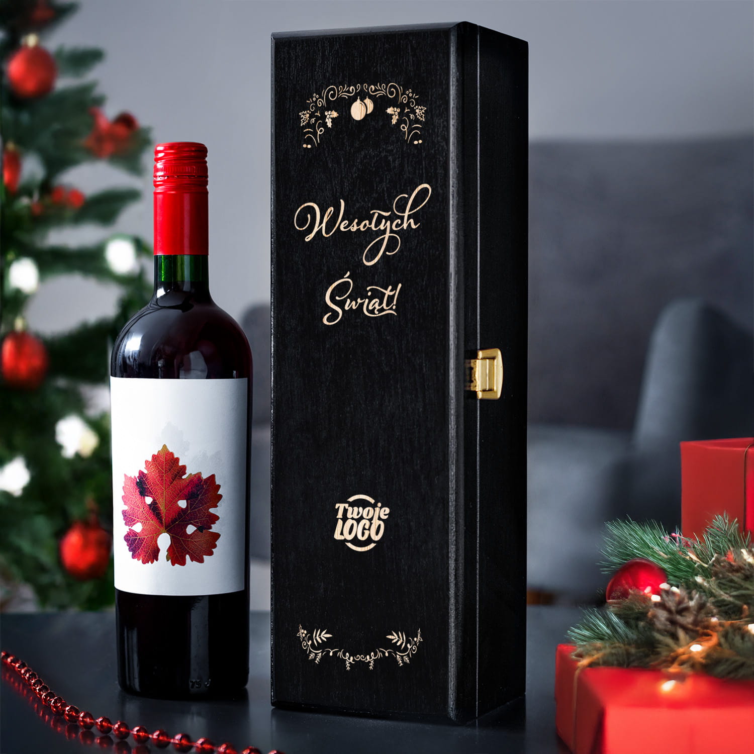 Skrzynka na Wino z Logo - Prezent na Święta dla Firm - Prezent Świąteczny z Logo - Wesołych Świąt  - Czarna