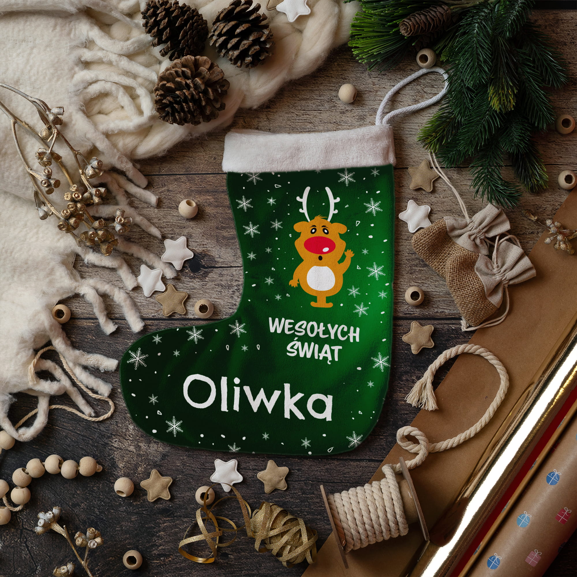 Prezent na Mikołajki Święta dla Dziecka - Świąteczna Skarpeta Minky z Imieniem - Wesołych Świąt