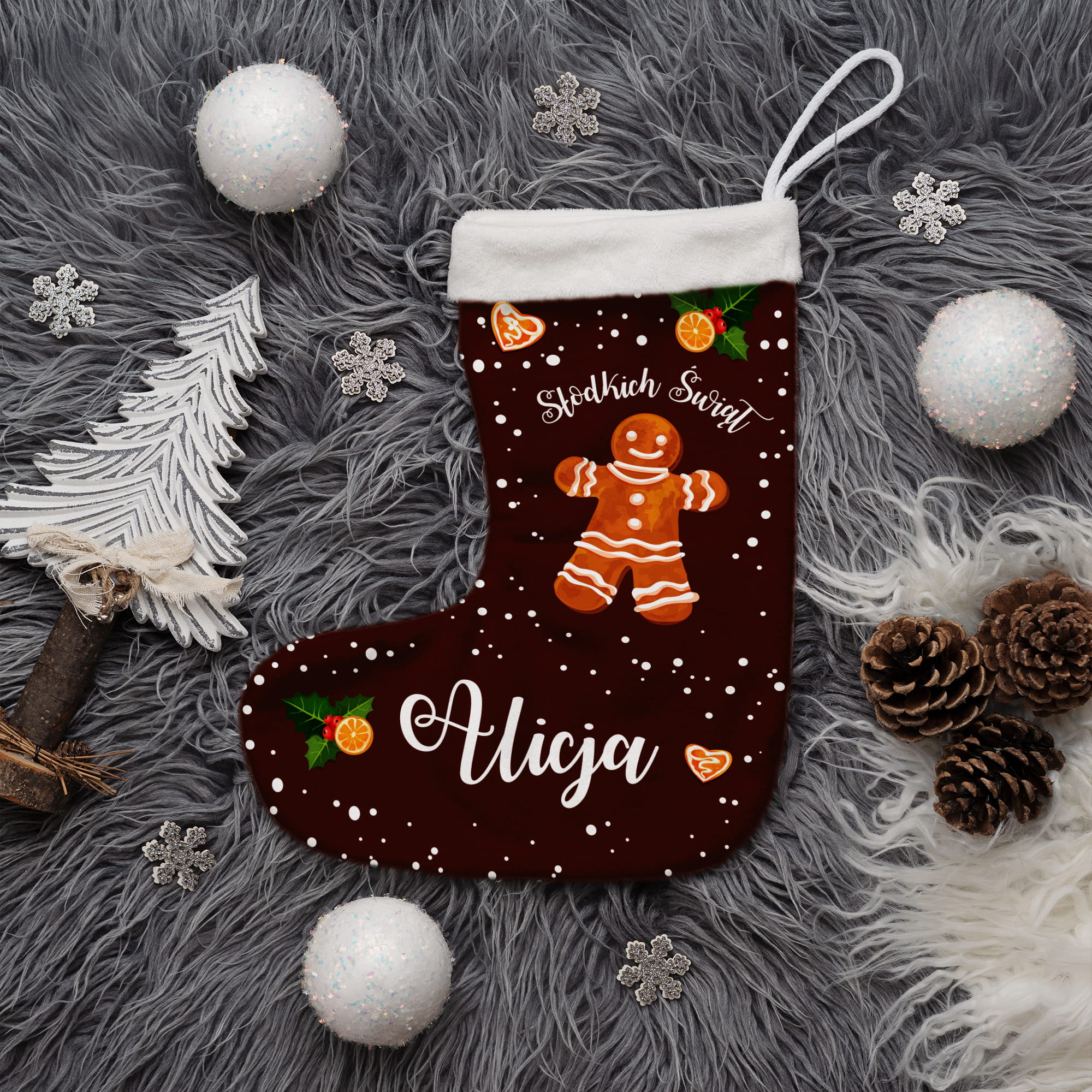 Prezent na Mikołajki Święta dla Dziecka - Świąteczna Skarpeta Minky z Imieniem - Ciastek