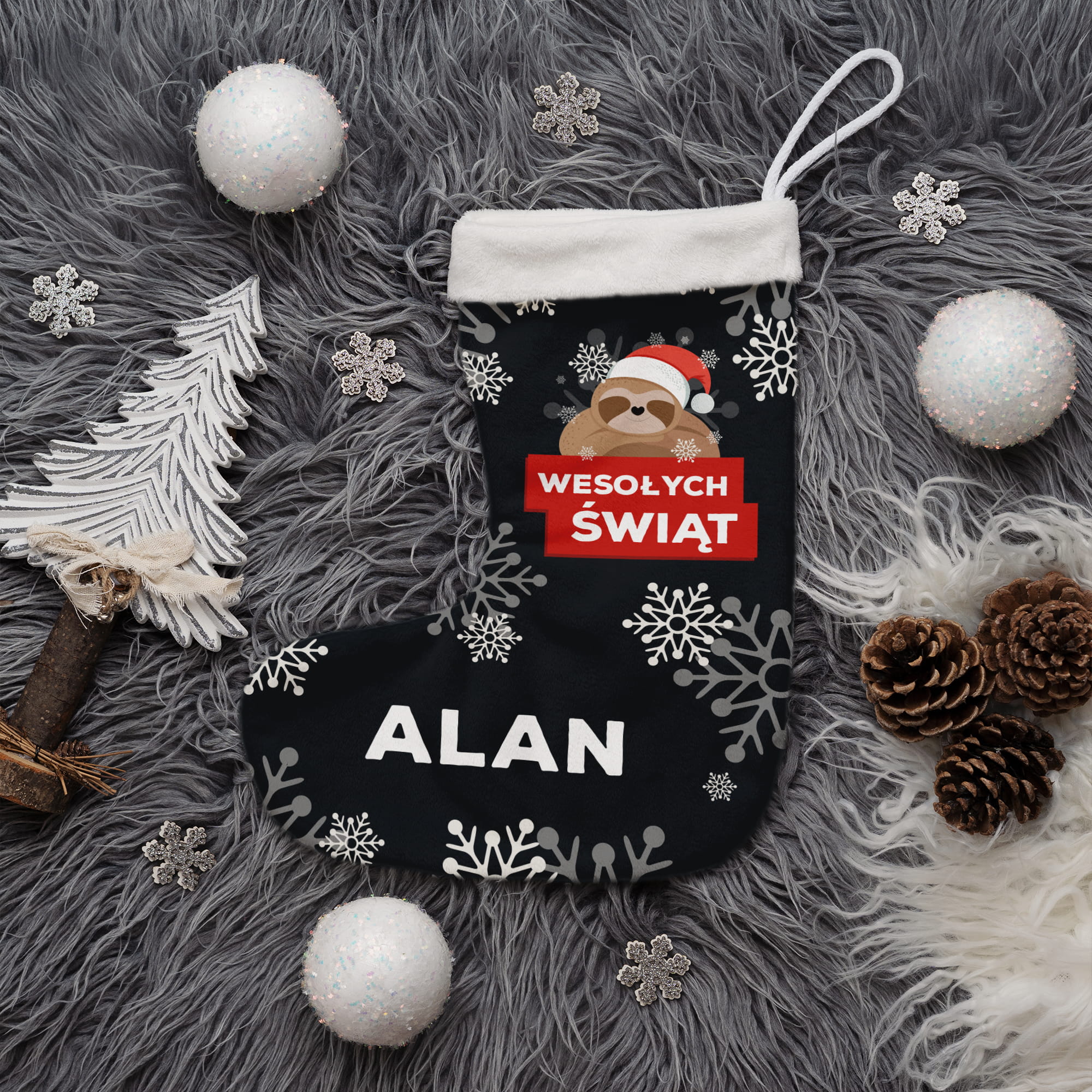 Prezent na Mikołajki Święta dla Dziecka - Świąteczna Skarpeta Minky z Imieniem - Wesołych Świąt Leniwiec