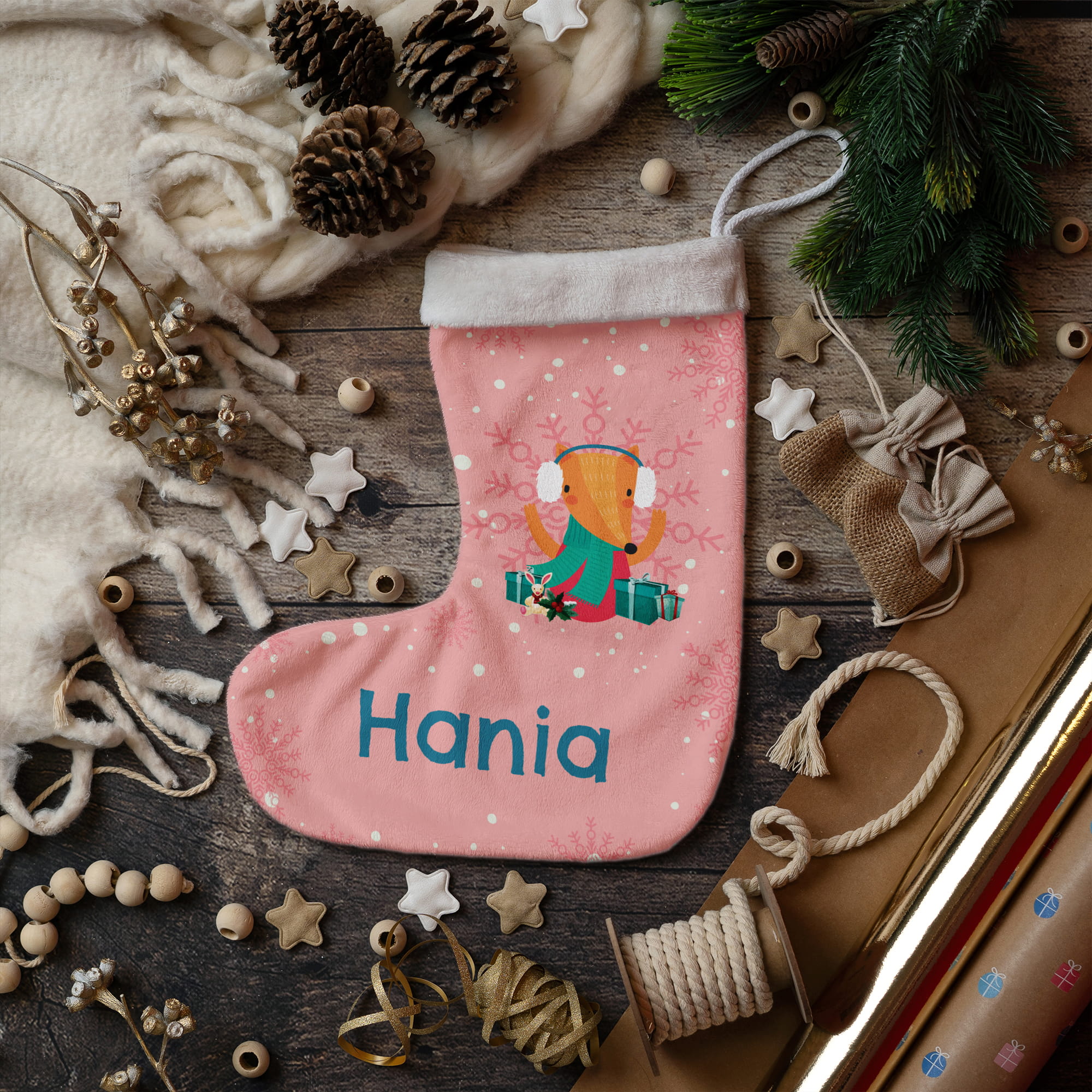 Prezent na Mikołajki Święta dla Dziecka - Świąteczna Skarpeta Minky z Imieniem - Lisek