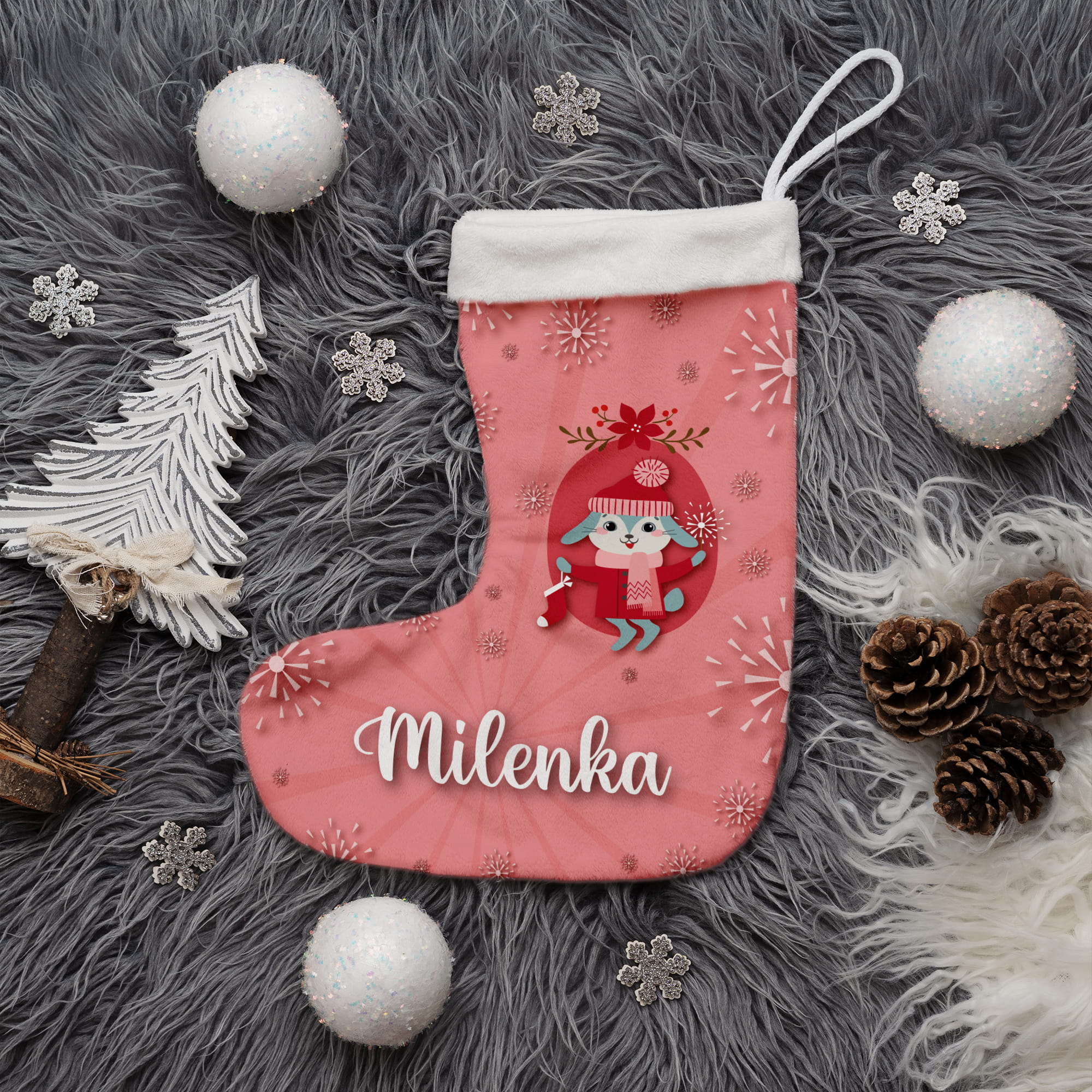 Prezent na Mikołajki Święta dla Dziecka - Świąteczna Skarpeta Minky z Imieniem - Czerwony Króliczek