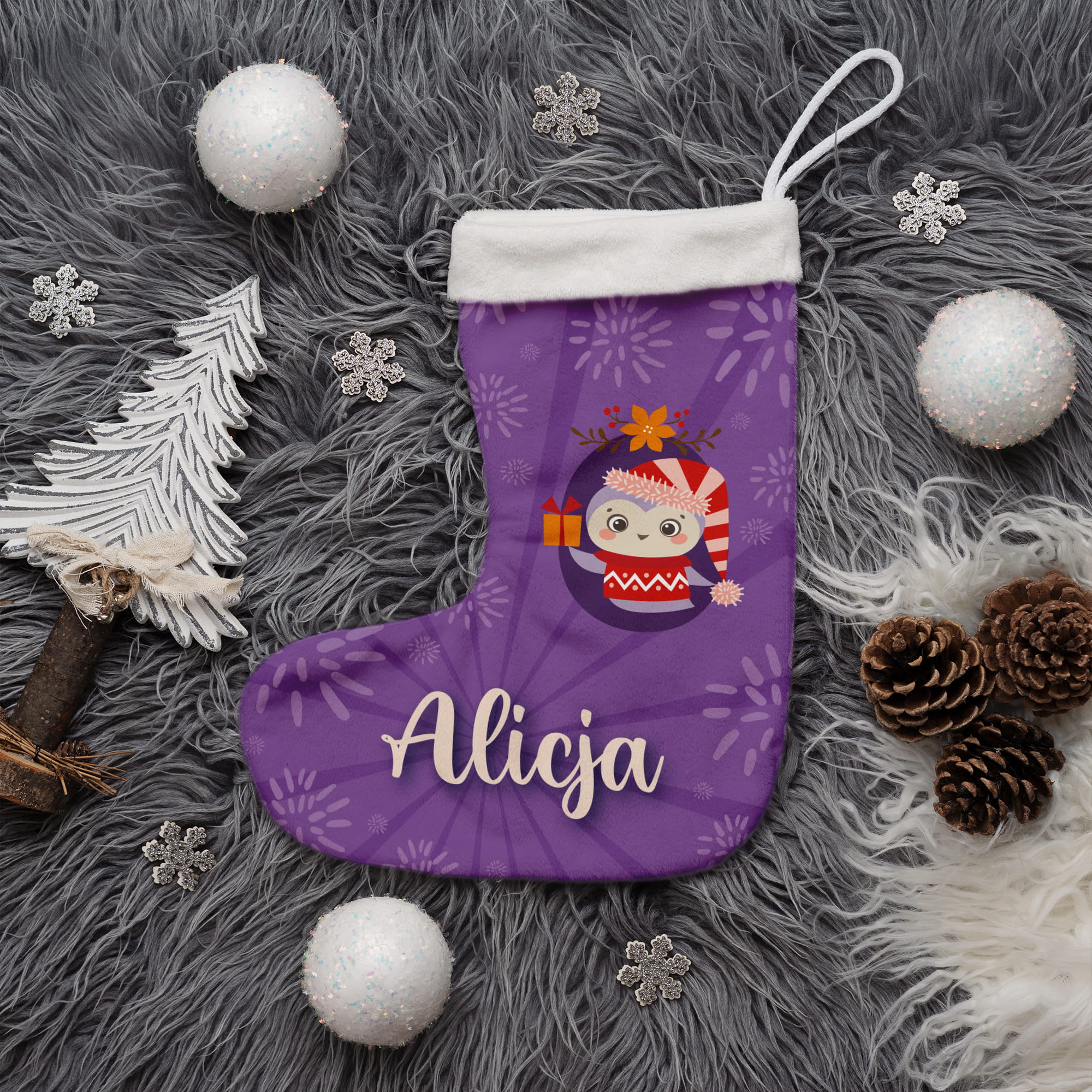 Prezent na Mikołajki Święta dla Dziecka - Świąteczna Skarpeta Minky z Imieniem - Fioletowa Sowa
