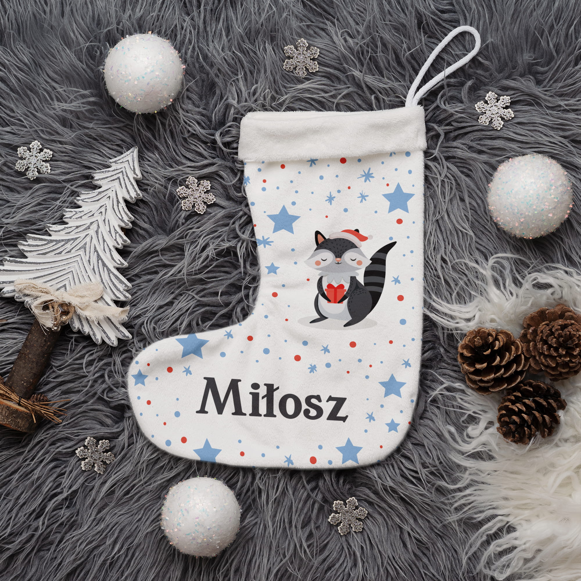 Prezent na Mikołajki Święta dla Dziecka - Świąteczna Skarpeta Minky z Imieniem - Biały Szop