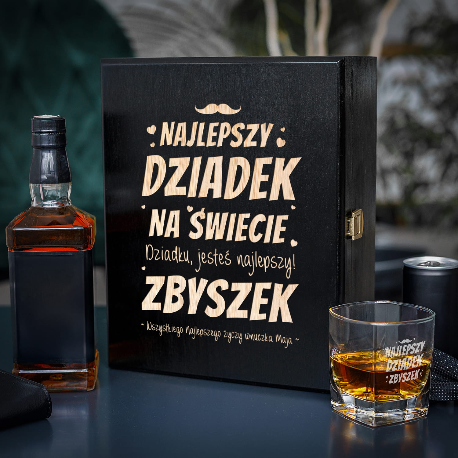 Zestaw Skrzynka na Whisky + Szklanka z Grawerem dla Dziadka - Prezent na Dzień Dziadka - Najlepszy Dziadek na Świecie