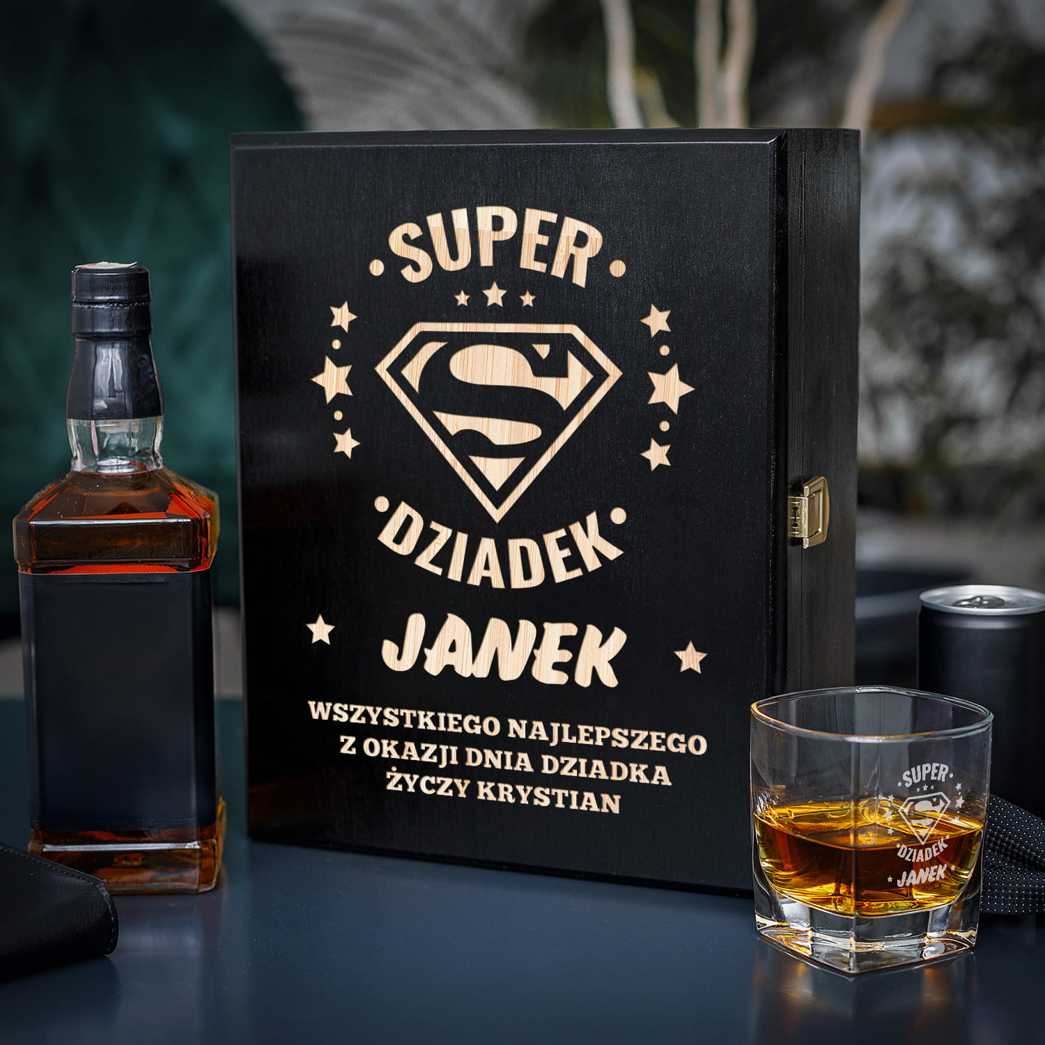 Zestaw Skrzynka na Whisky + Szklanka z Grawerem dla Dziadka - Prezent na Dzień Dziadka - Super Dziadek