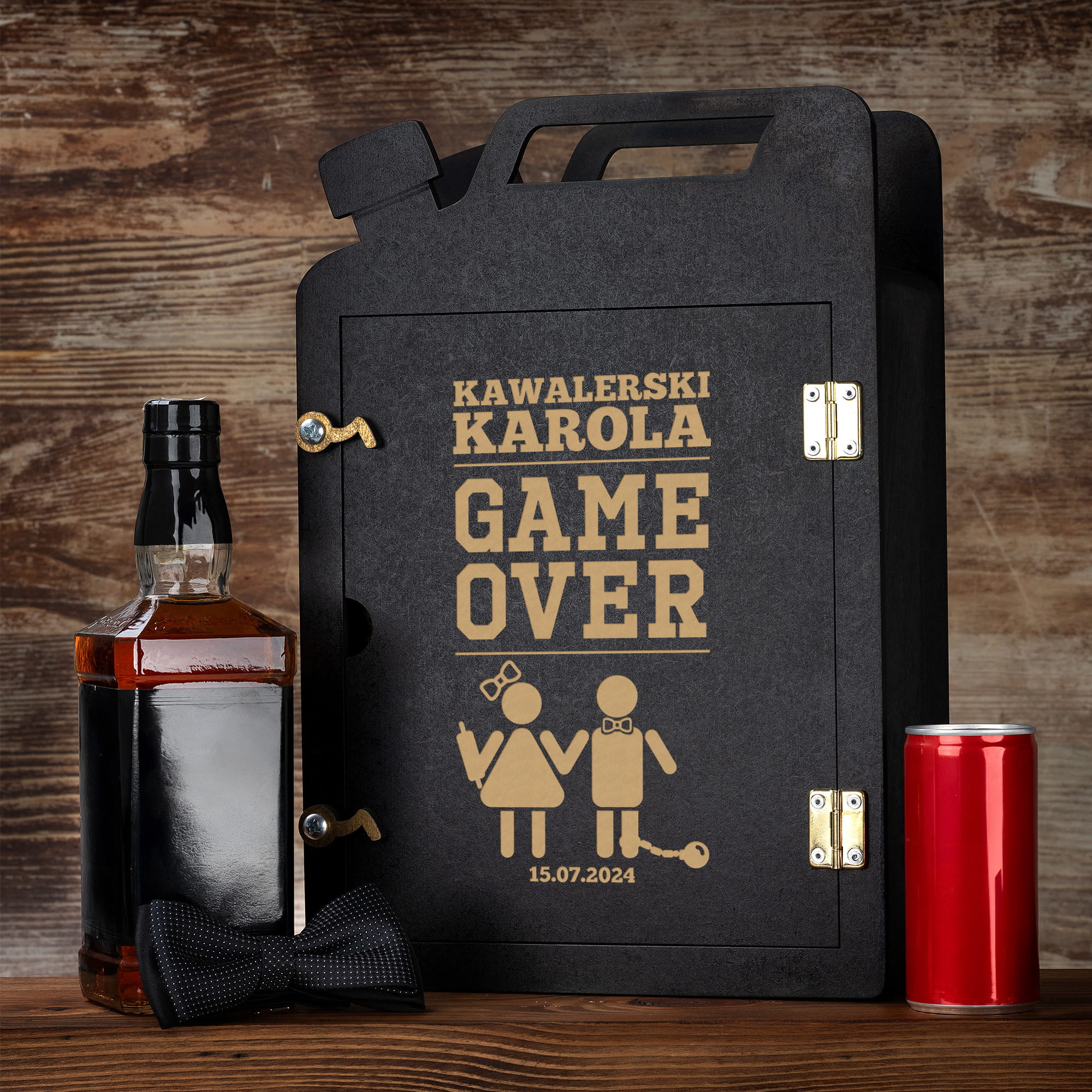 Barek Kanister na Alkohol + Szklanka z Grawerem na Kawalerski - Prezent na Wieczór Kawalerski