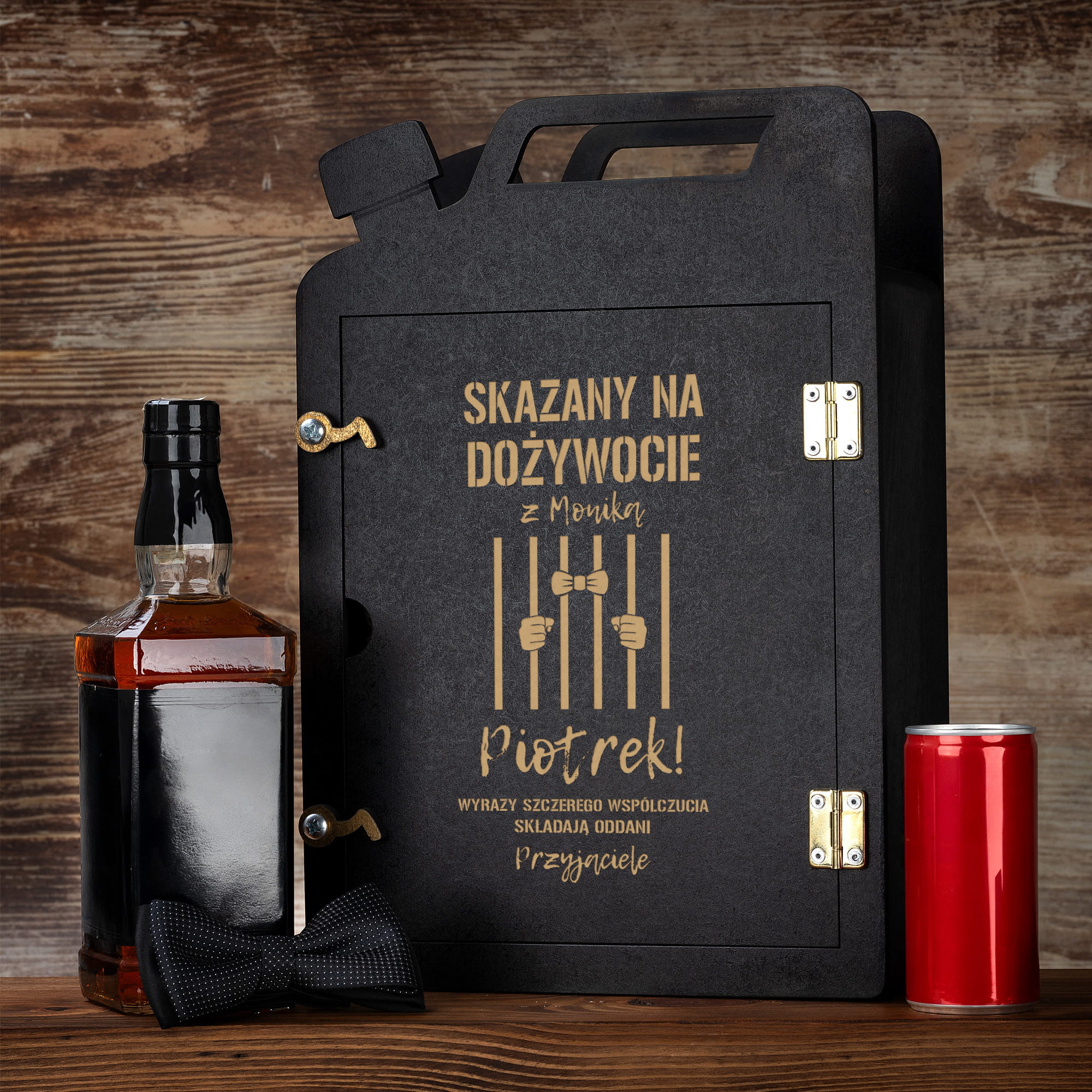 Barek Kanister na Alkohol + Szklanka z Grawerem na Kawalerski - Prezent na Wieczór Kawalerski