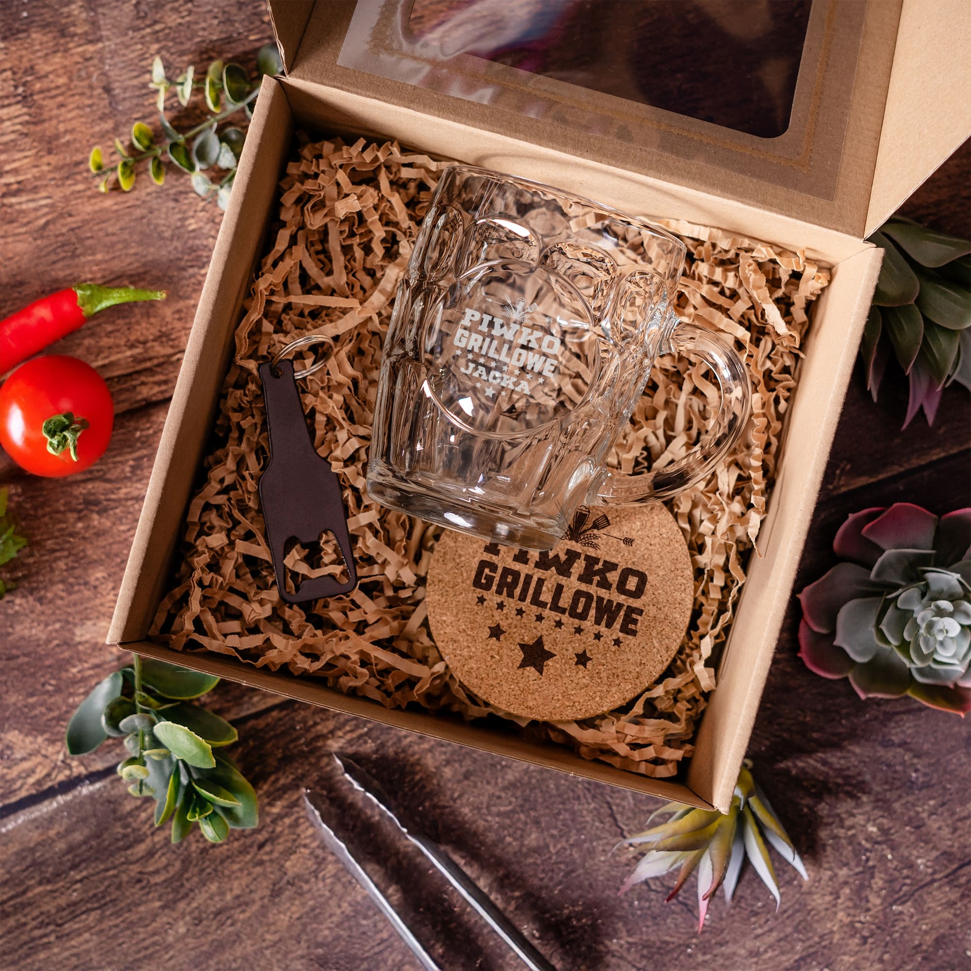 Kufel z Grawerem Do Piwa - Zestaw Grillowy na Prezent - Zestaw Prezentowy - Kufel + Podkładka + Otwieracz Butelka - Piwko Grillowe