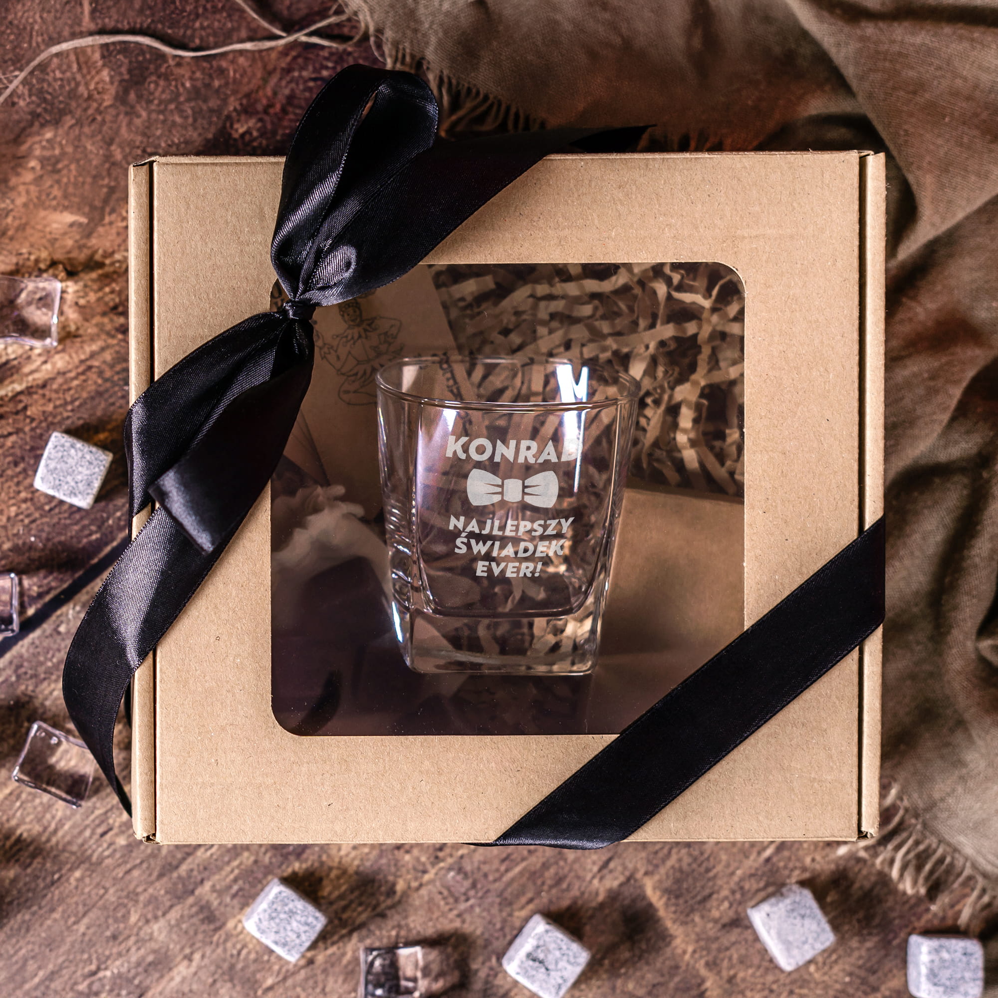 Szklanka do Whisky z Grawerem - Podziękowanie dla Świadka - Zestaw Prezentowy dla Świadka na Ślub - Szklanka + Karty do Gry + Kostki Chłodzące - Najlepszy Świadek Ever