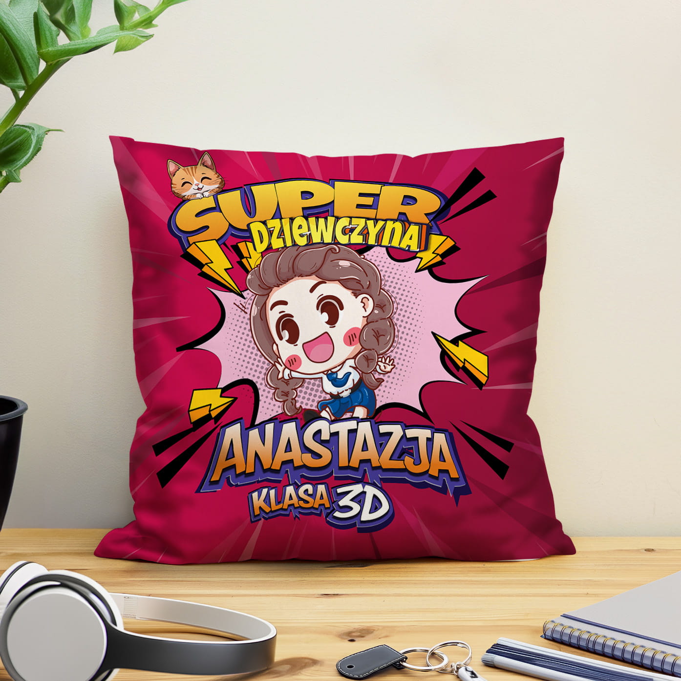 Prezent na Dzień Kobiet w Klasie - Kolorowa Poduszka z Imieniem dla Dziewczyny - Super Dziewczyna z Kotkiem