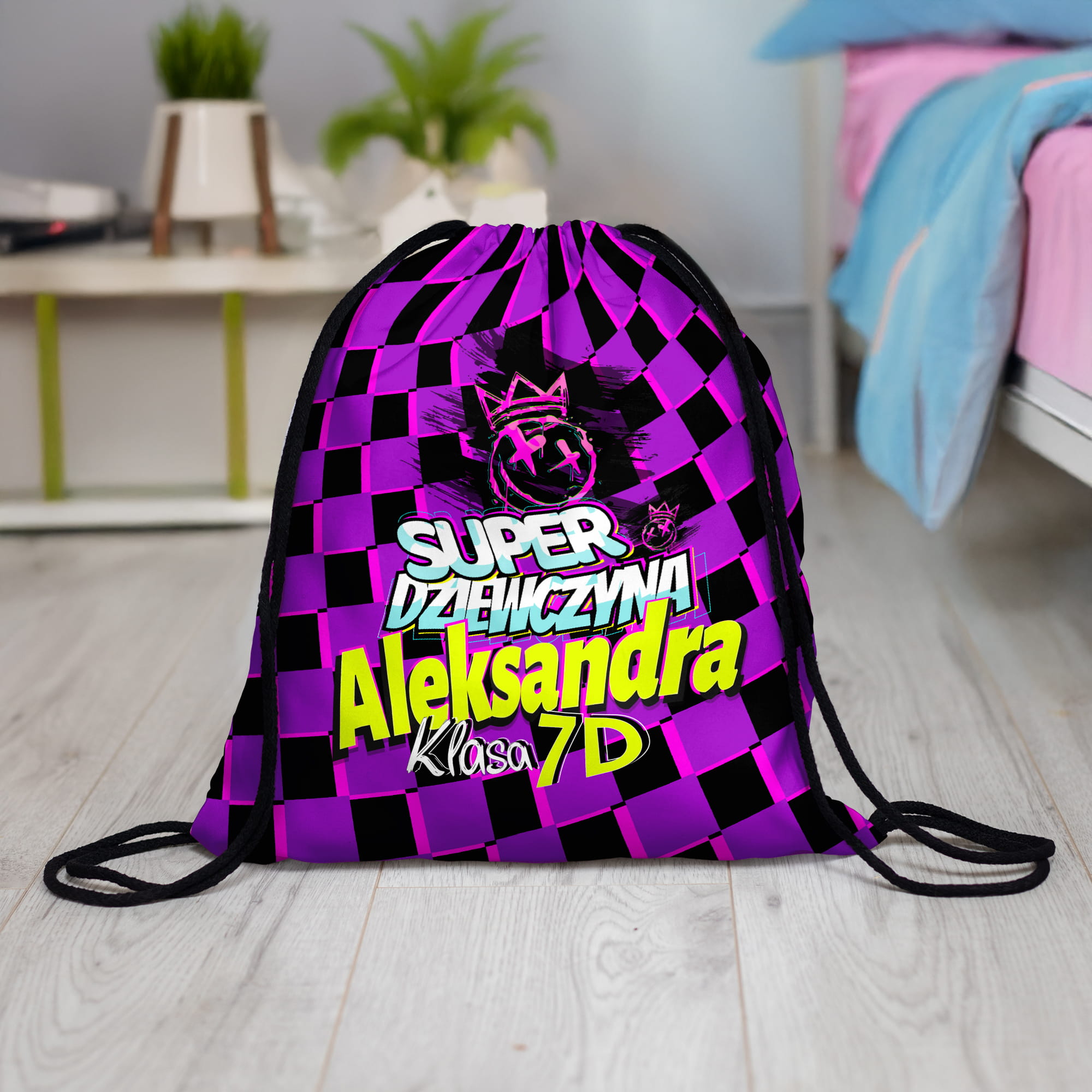 Worek na Buty z Imieniem i Klasą - Prezent na Dzień Kobiet w Szkole w Klasie - Super Dziewczyna Fiolet