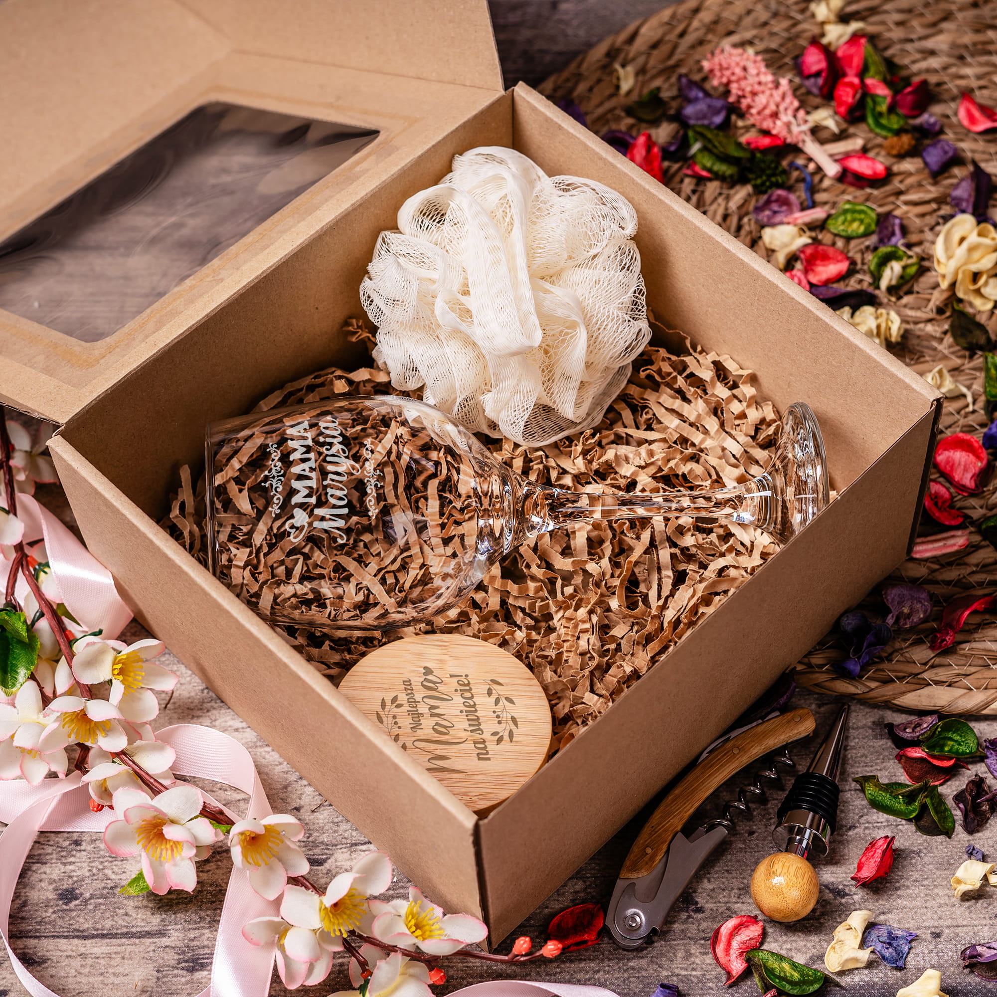 Kieliszek do Wina z Grawerem - Prezent dla Mamy - Zestaw Prezentowy na Dzień Matki - Kieliszek + Lusterko Bambusowe + Myjka do Kąpieli - Mama
