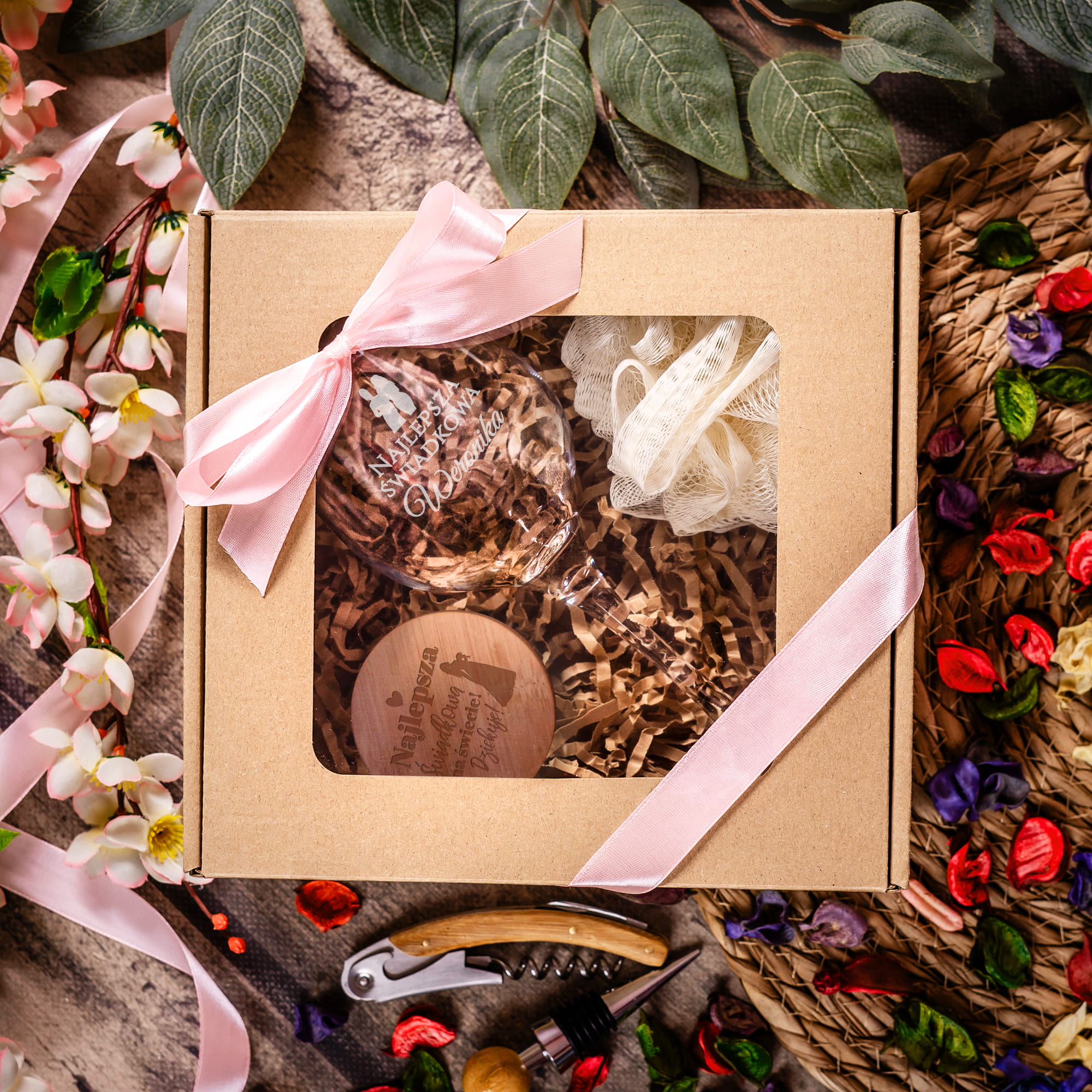 Kieliszek do Wina z Grawerem - Podziękowanie dla Świadkowej - Zestaw Prezentowy Box dla Świadkowej - Kieliszek + Lusterko Bambusowe + Myjka do Kąpieli - Najlepsza Świadkowa Postacie