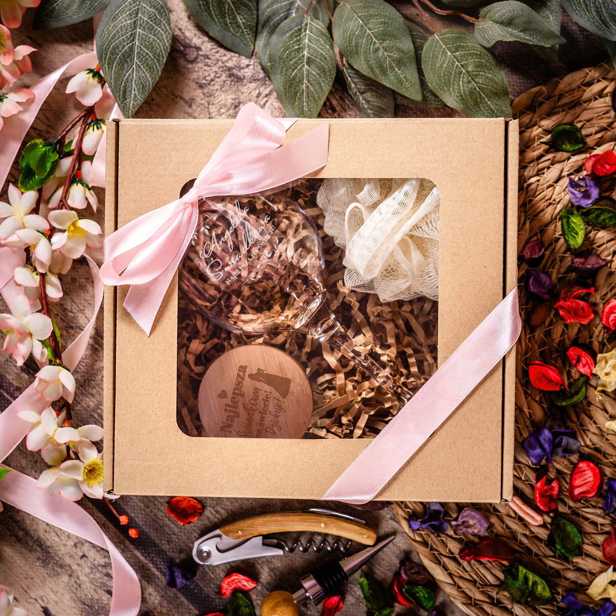 Kieliszek do Wina z Grawerem - Podziękowanie dla Świadkowej - Zestaw Prezentowy Box dla Świadkowej - Kieliszek + Lusterko Bambusowe + Myjka do Kąpieli - Świadkowa Najlepsza na Świecie