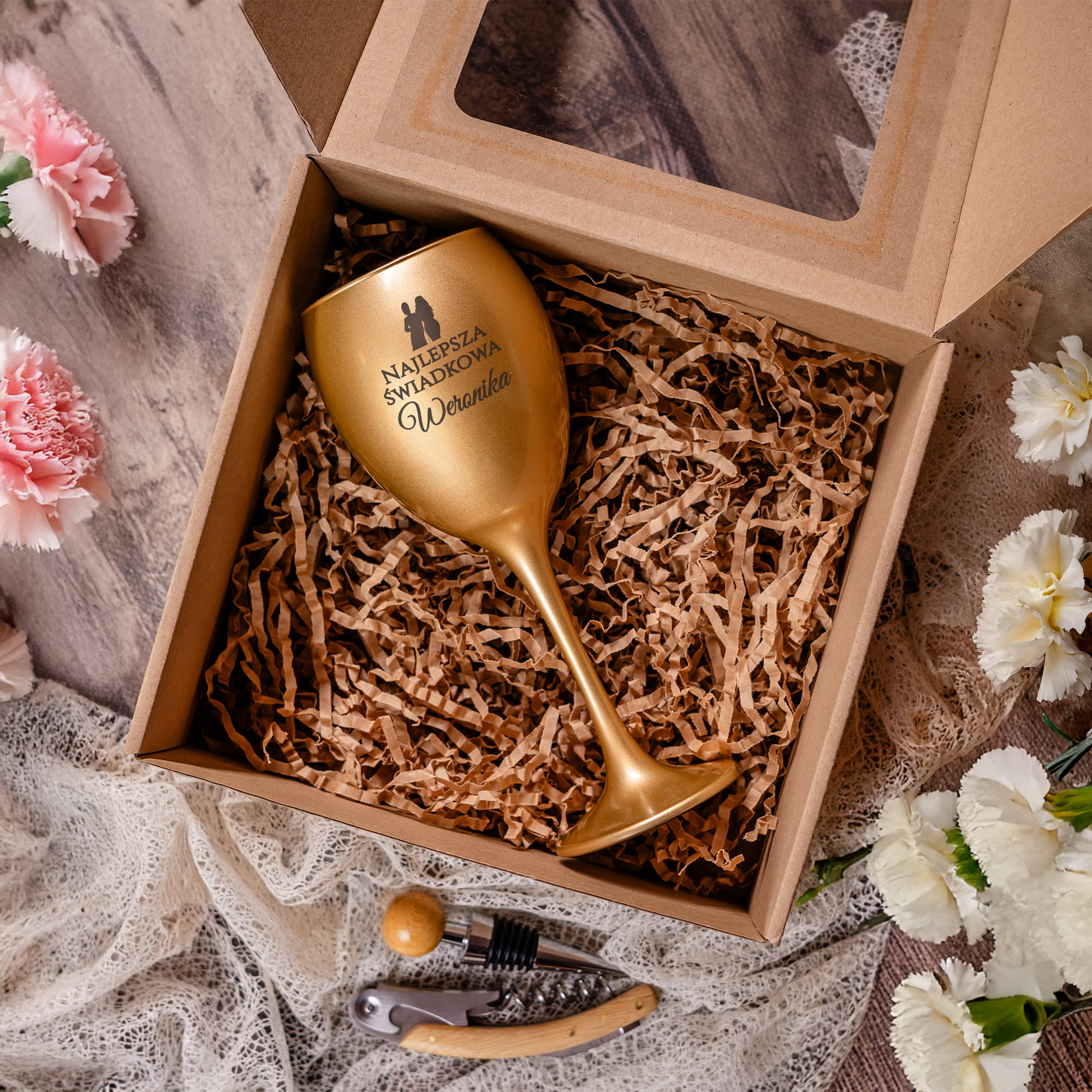 Złoty Kieliszek do Wina z Grawerem - Podziękowanie dla Świadkowej - Zestaw Prezentowy Box dla Świadkowej - Najlepsza Świadkowa Postacie
