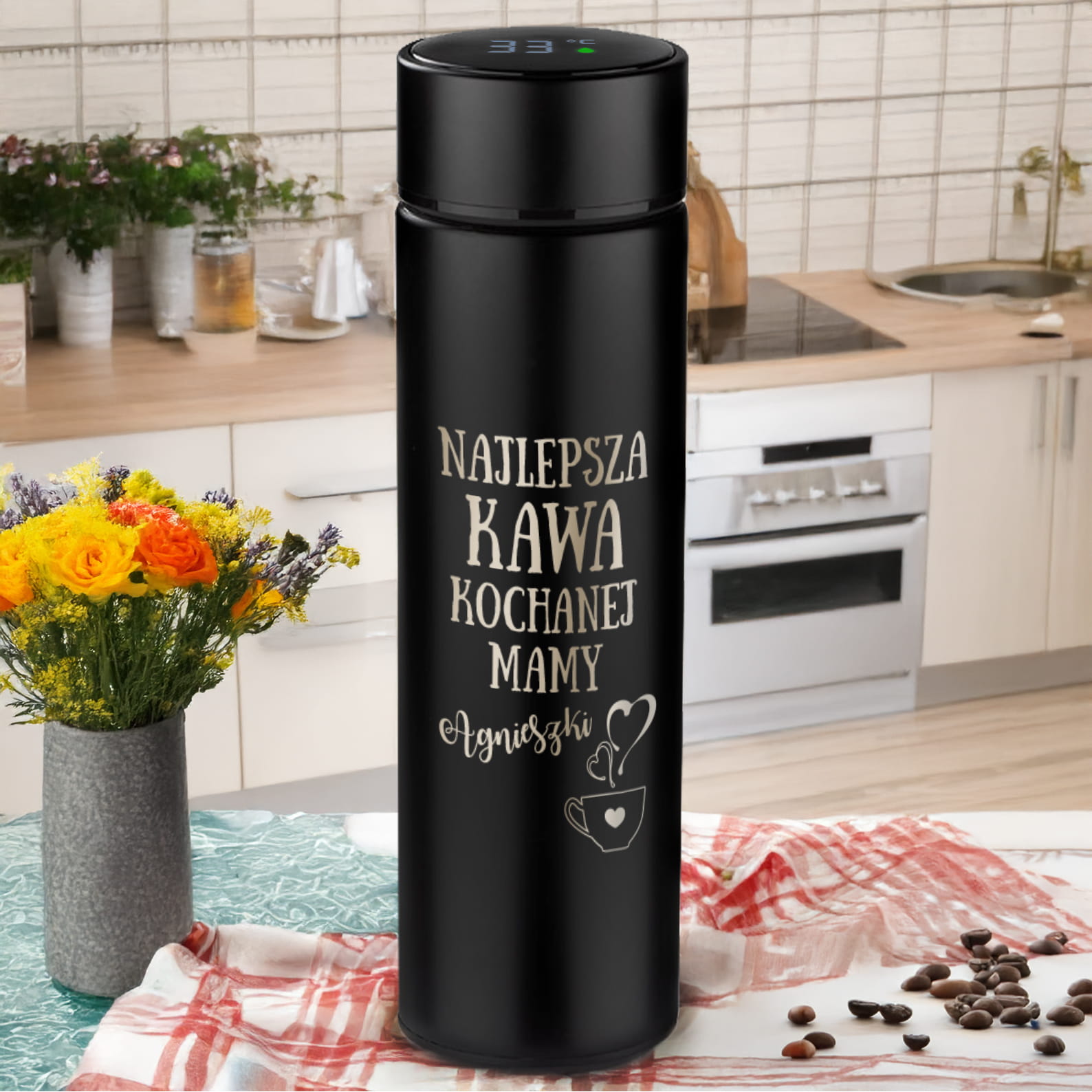 Kubek Termiczny LED z Grawerem dla Mamy - Prezent na Dzień Matki z Imieniem - Najlepsza Kawa Kochanej Mamy