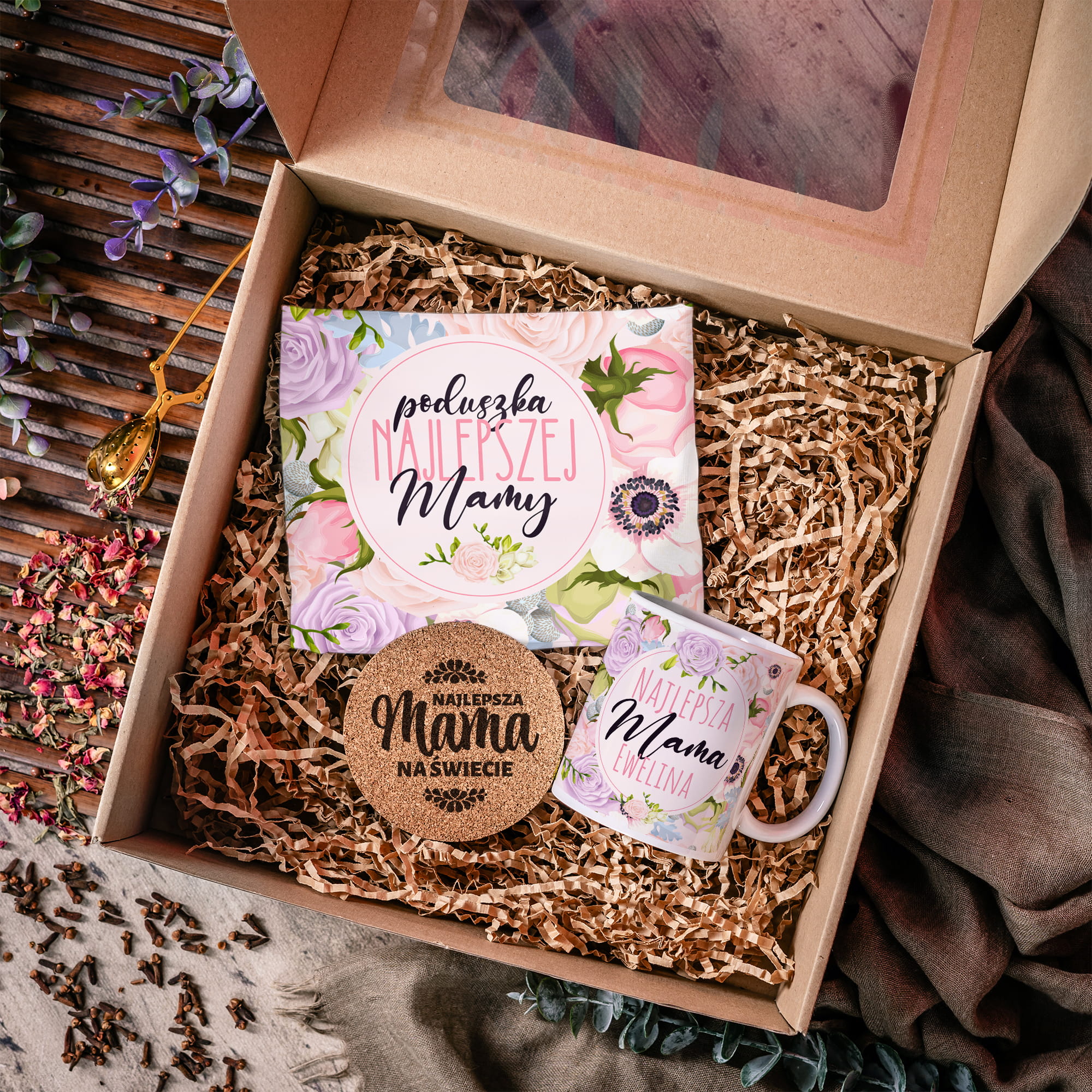 Kubek, Podkładka i Poszewka z Nadrukiem dla Mamy - Prezent na Dzień Matki - Zestaw Prezentowy dla Mamy - Pastelowe Róże