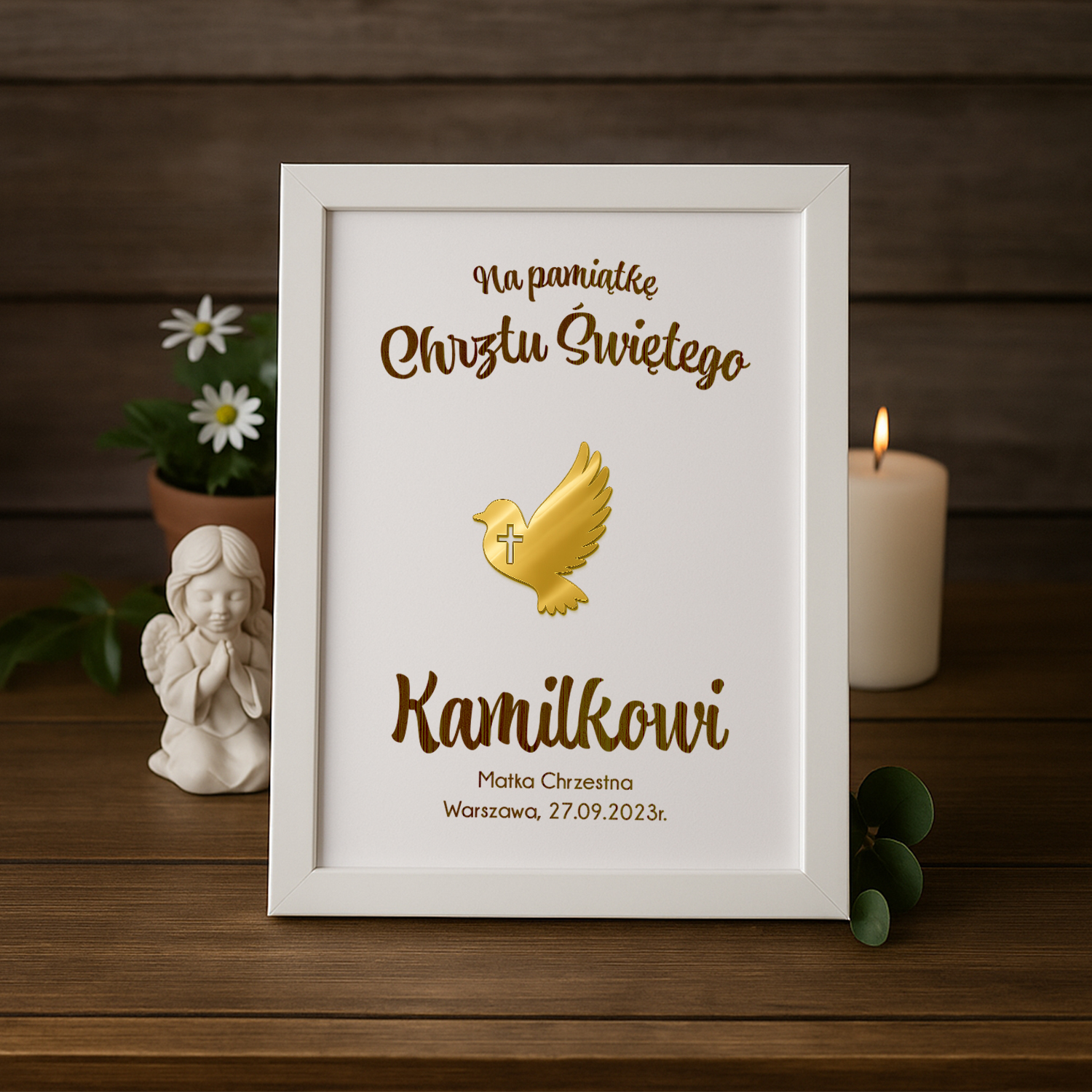 Ozdobna Ramka na Chrzest Święty - Pamiątka Na Chrzciny - Obrazek Personalizowany - Gołąbek