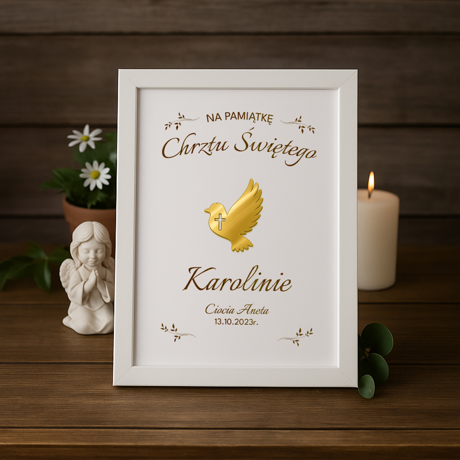 Ozdobna Ramka na Chrzest Święty - Pamiątka Na Chrzciny - Obrazek Personalizowany - Gołąbek z Krzyżykiem