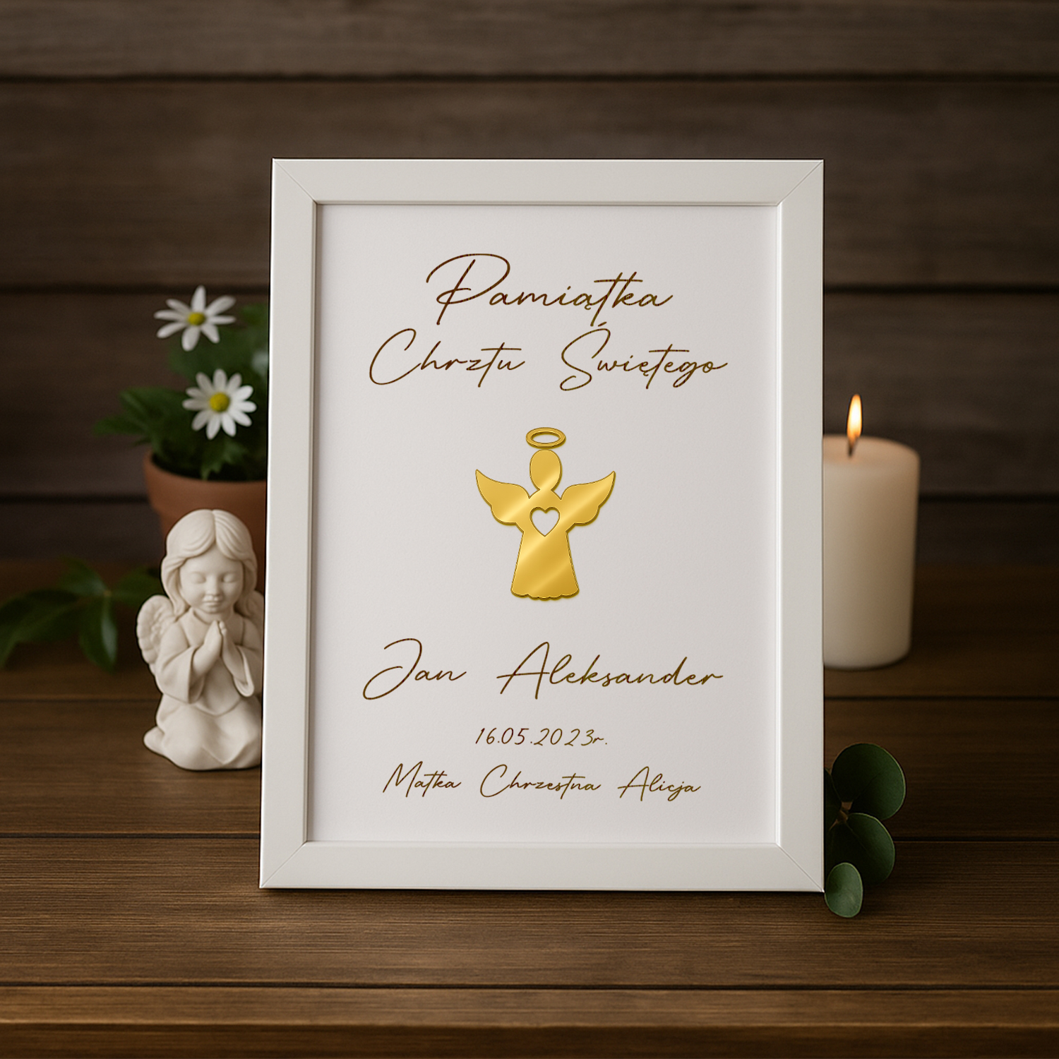Ozdobna Ramka na Chrzest Święty - Pamiątka Na Chrzciny - Obrazek Personalizowany - Aniołek