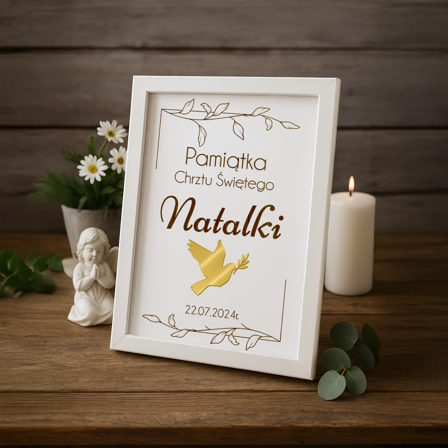 Ozdobna Ramka na Chrzest Święty - Pamiątka Na Chrzciny - Obrazek Personalizowany - Gołąbek Gałązka
