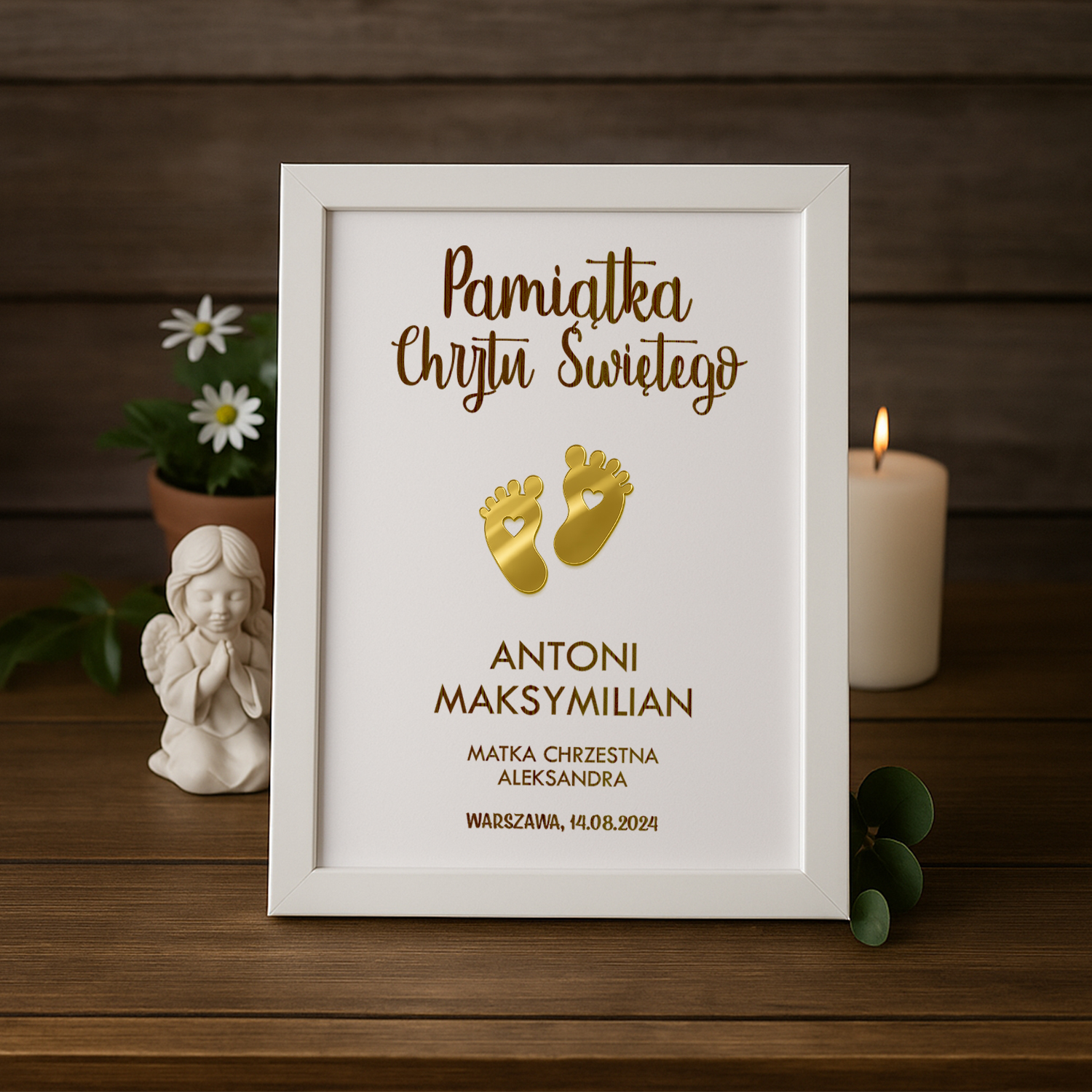 Ozdobna Ramka na Chrzest Święty - Pamiątka Na Chrzciny - Obrazek Personalizowany - Stópki z Sercem