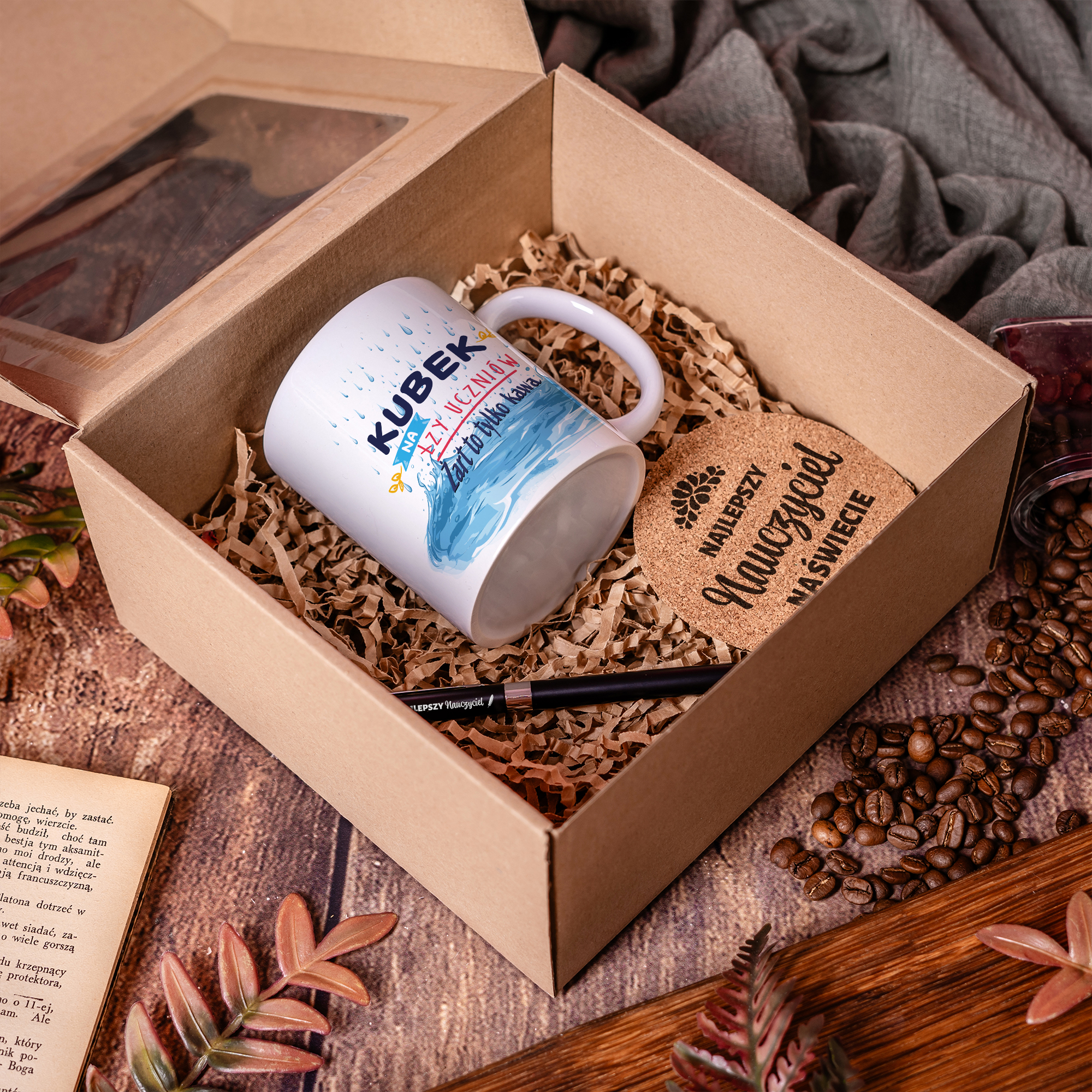 Zestaw dla Nauczyciela - Kubek z Czarnym Długopisem i Podkładką Na Dzień Nauczyciela-  Kubek Na Łzy Uczniów