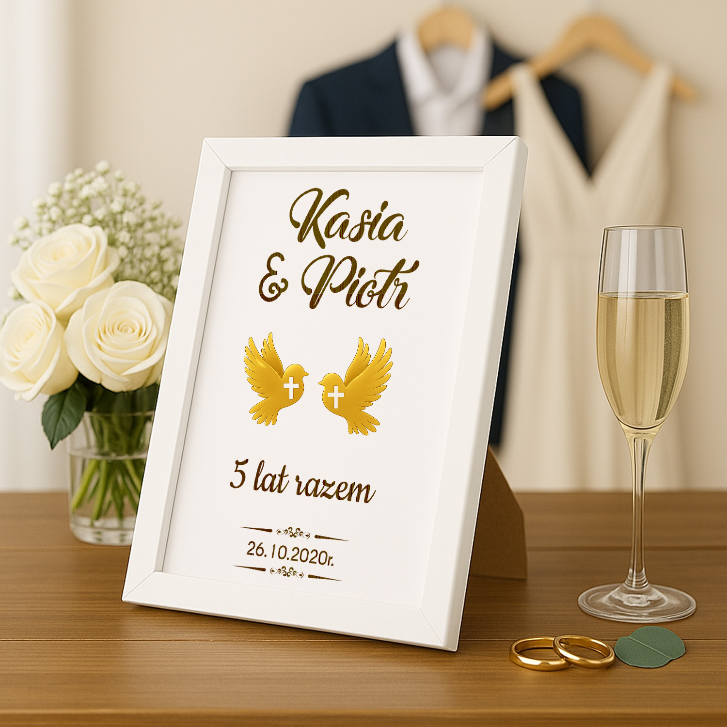 Ozdobna Ramka na Rocznicę - Pamiątka Rocznicę Ślubu - Obrazek Personalizowany - Gołąbki