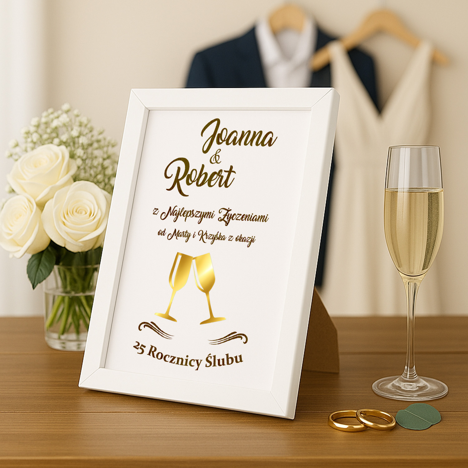 Ozdobna Ramka na Rocznicę - Pamiątka Rocznicę Ślubu - Obrazek Personalizowany - Kieliszki
