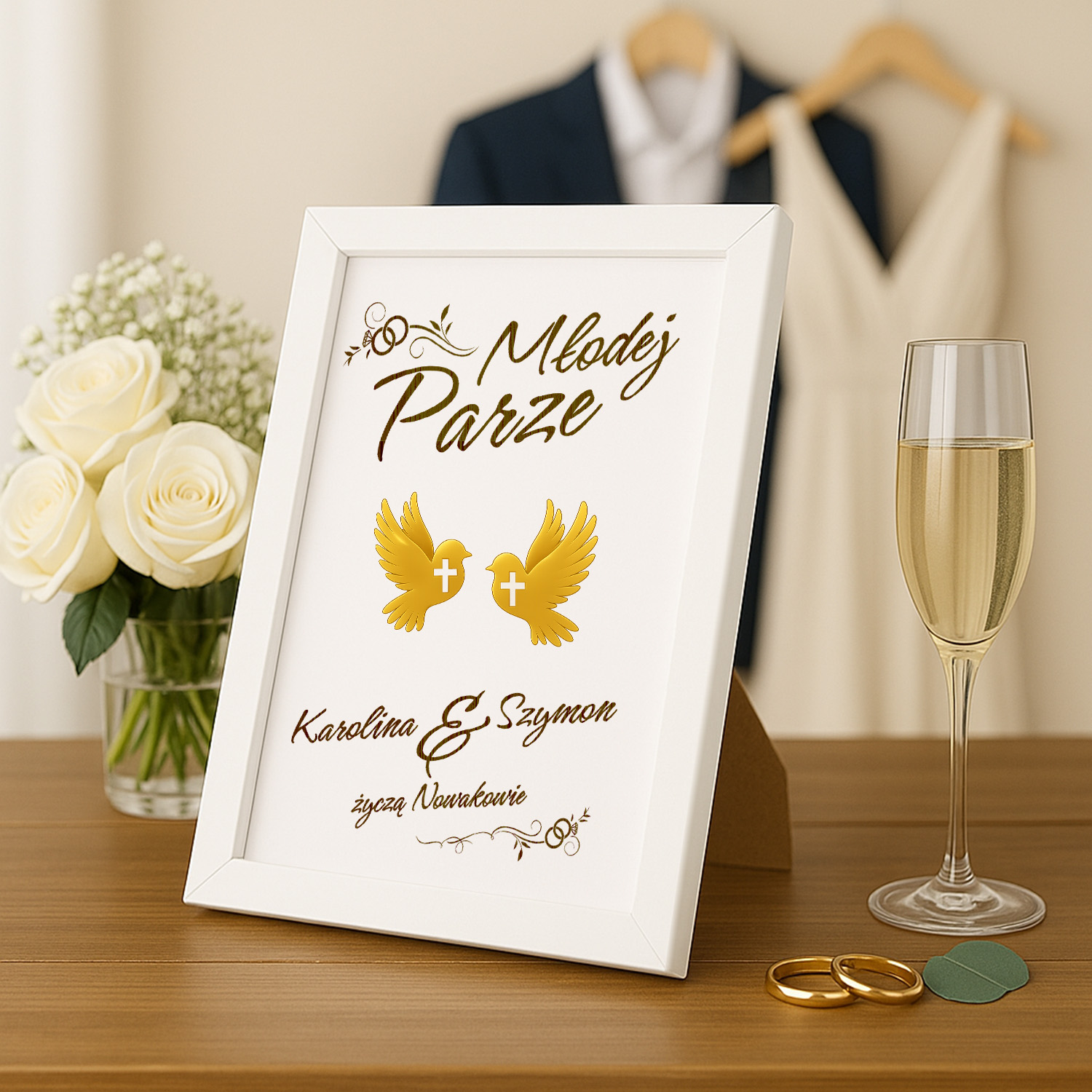 Ozdobna Ramka na Ślub- Pamiątka Ślubu - Obrazek Personalizowany - Gołąbki