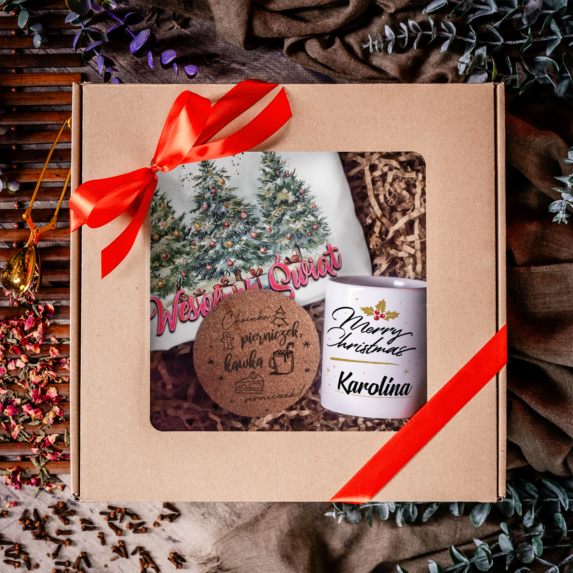 Kubek, Podkładka i Poszewka z Nadrukiem na Mikołaja - Prezent na Święta, Gwiazdkę - Zestaw Prezentowy Na Mikołaja - Merry Christmas