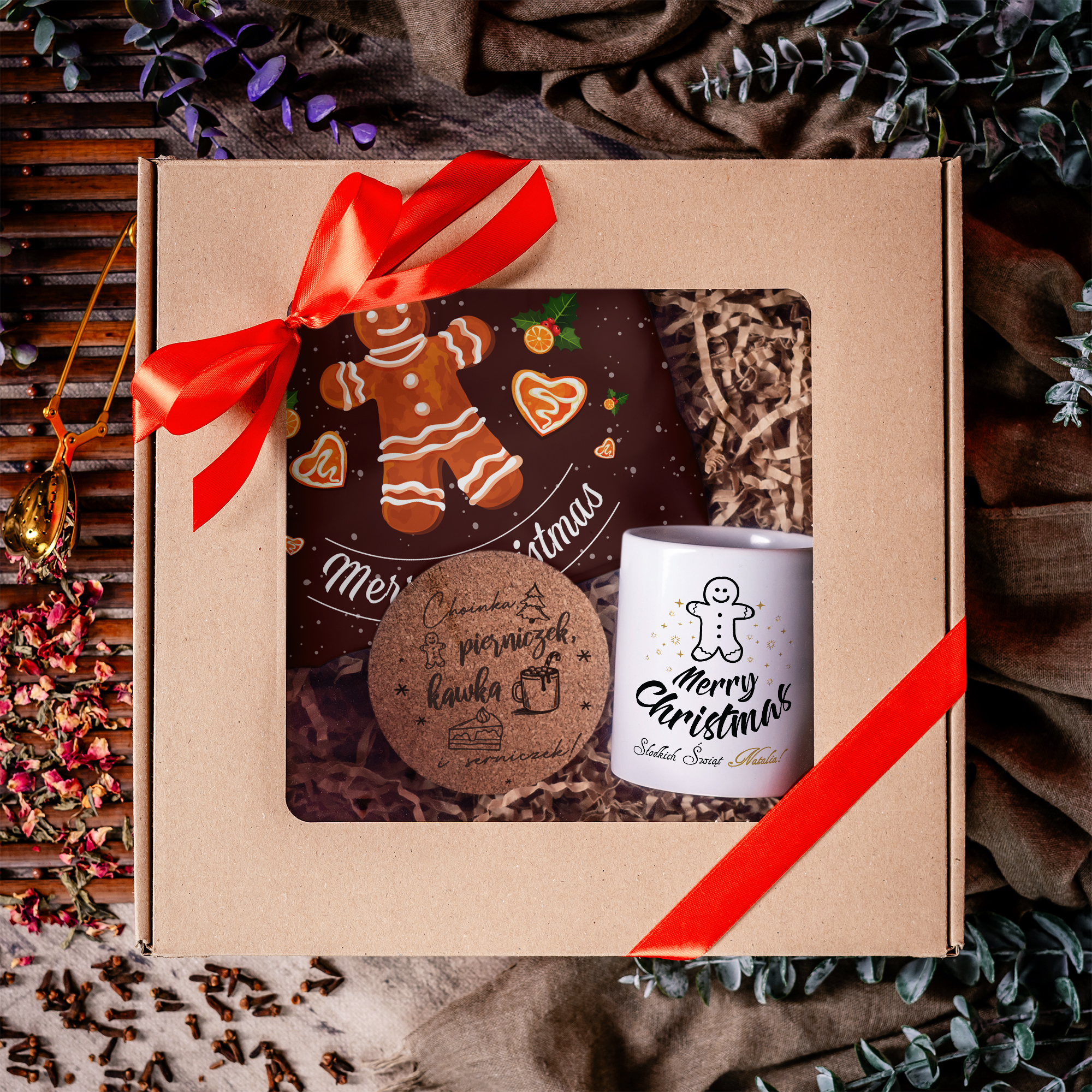 Kubek, Podkładka i Poszewka z Nadrukiem na Mikołaja - Prezent na Święta, Gwiazdkę - Zestaw Prezentowy Na Mikołaja - Pierniczki
