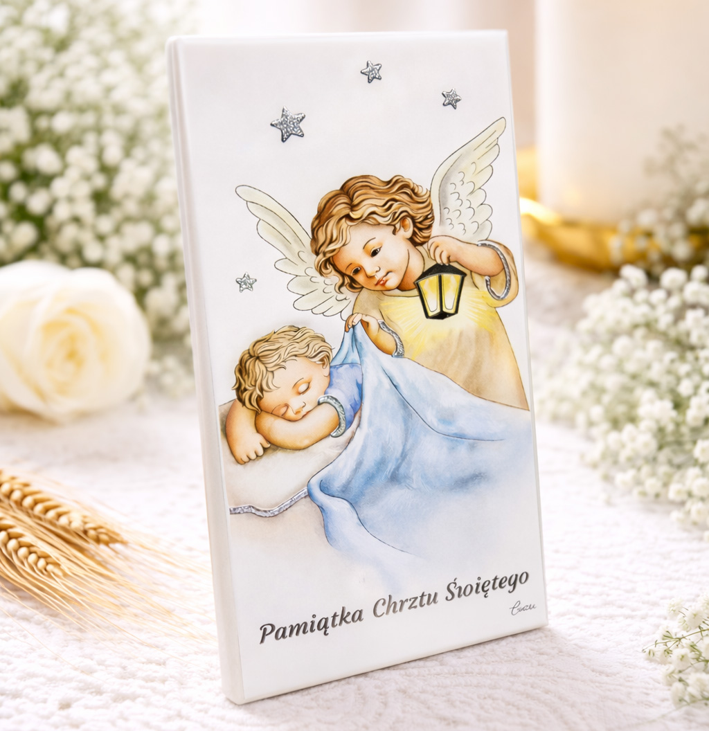 Drewniany Kolorowy Obrazek z Laminatem - Pamiątka Chrztu Świętego dla Chłopca