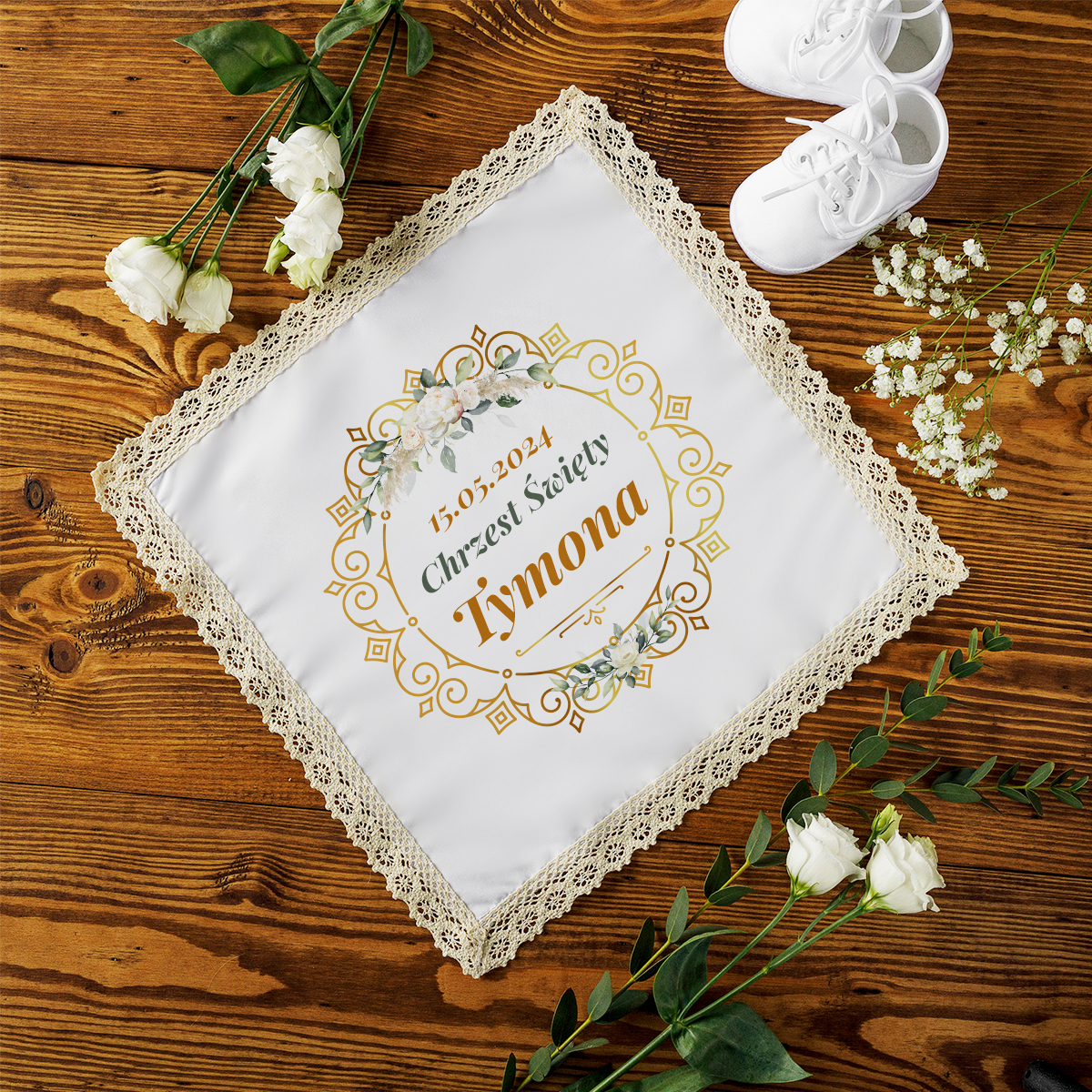 Szatka Do Chrztu - Pamiątka Chrztu Świętego z Imieniem - Szatka na Chrzest - Ornamenty