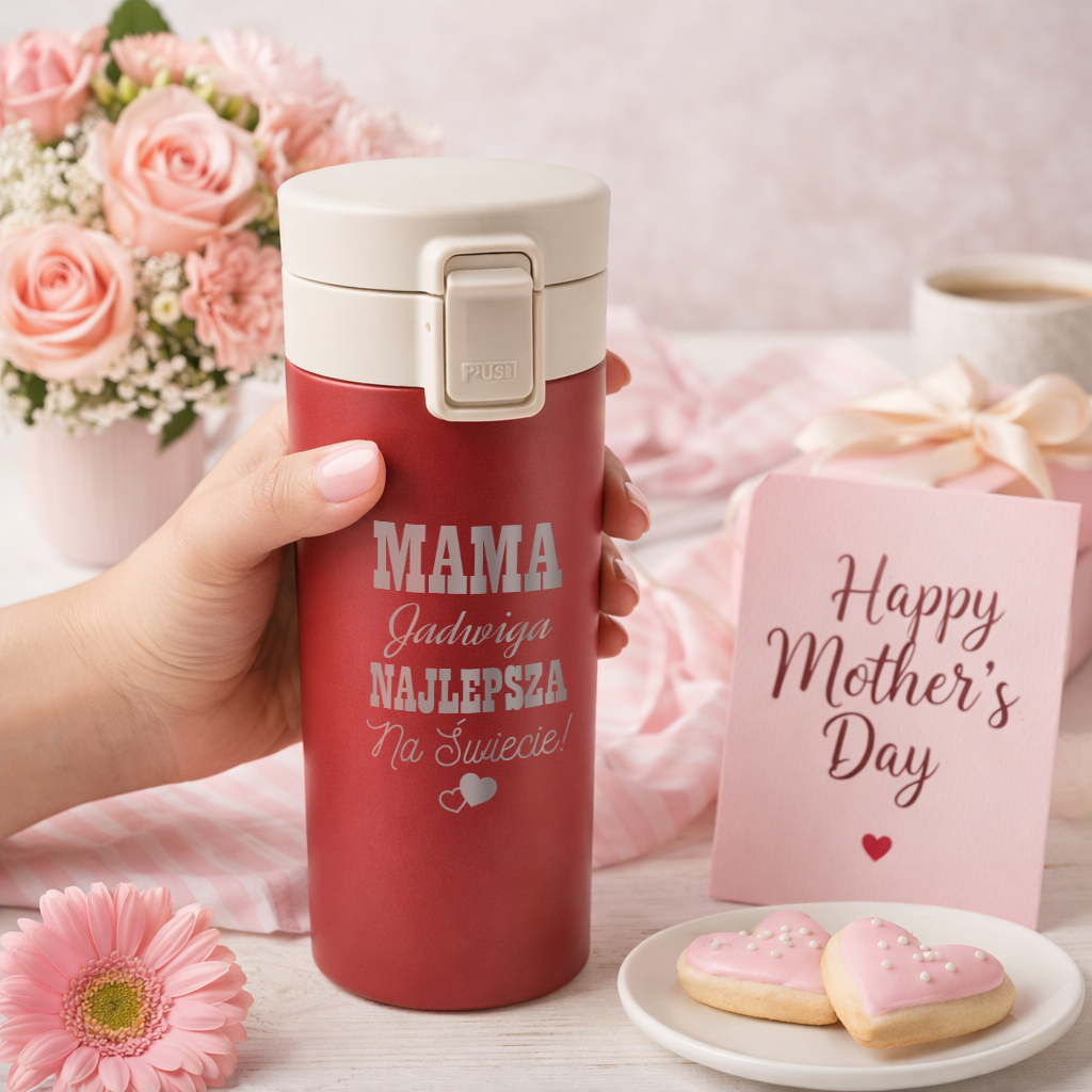 Kubek Termiczny z Grawerem dla Mamy - Prezent na Dzień Matki z Imieniem - Mama Najlepsza Na Świecie - Czerwony