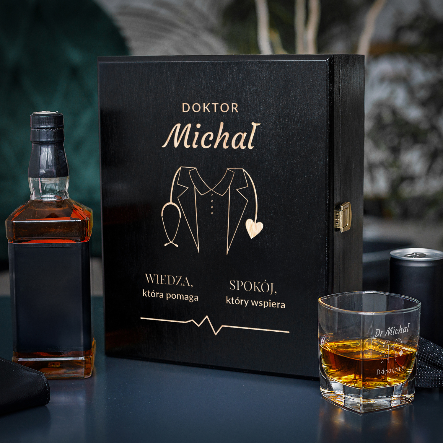 Zestaw Skrzynka na Whisky + Szklanka z Grawerem dla Lekarza - Prezent dla Lekarza
