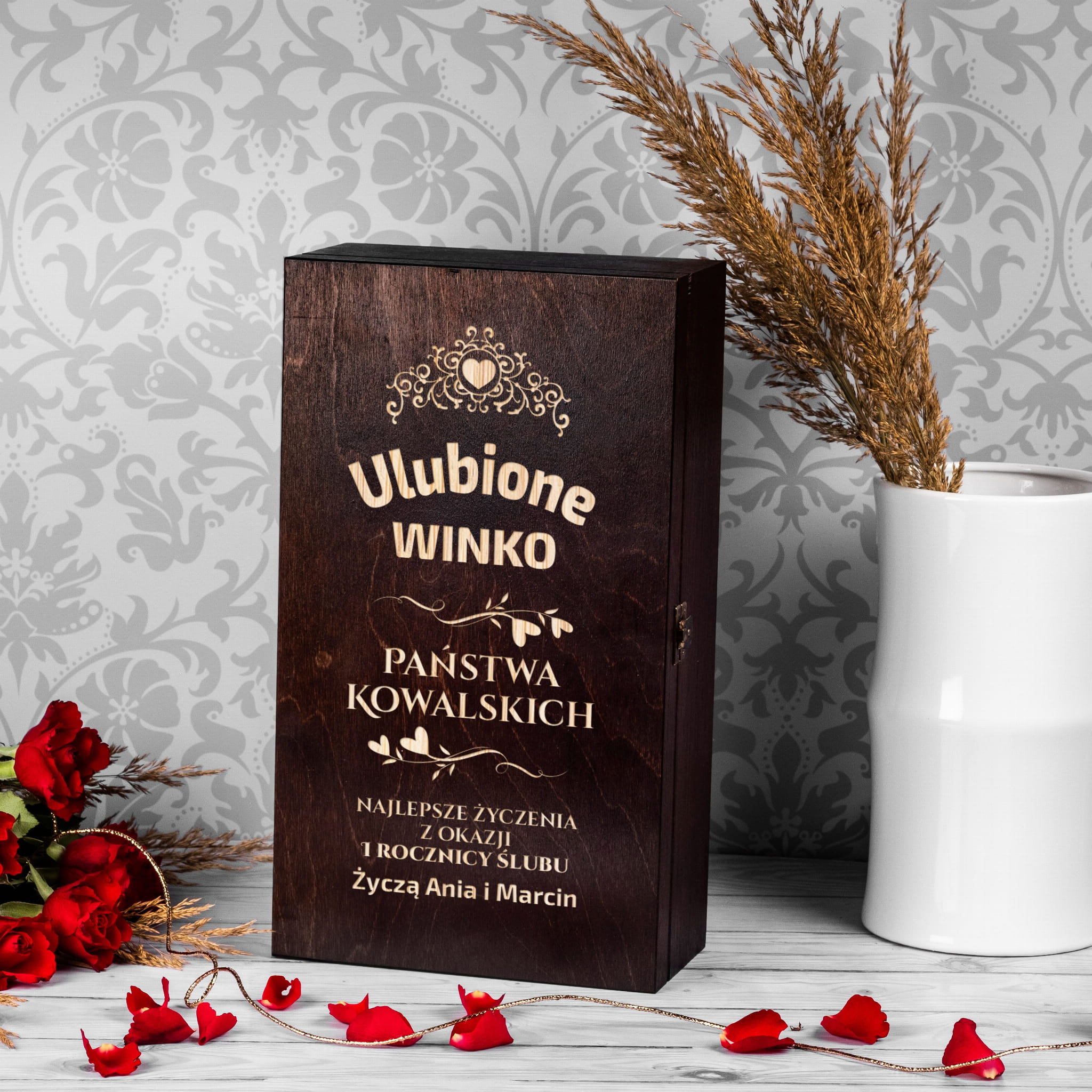 Podwójna skrzynka na wino z grawerem na rocznicę ślubu