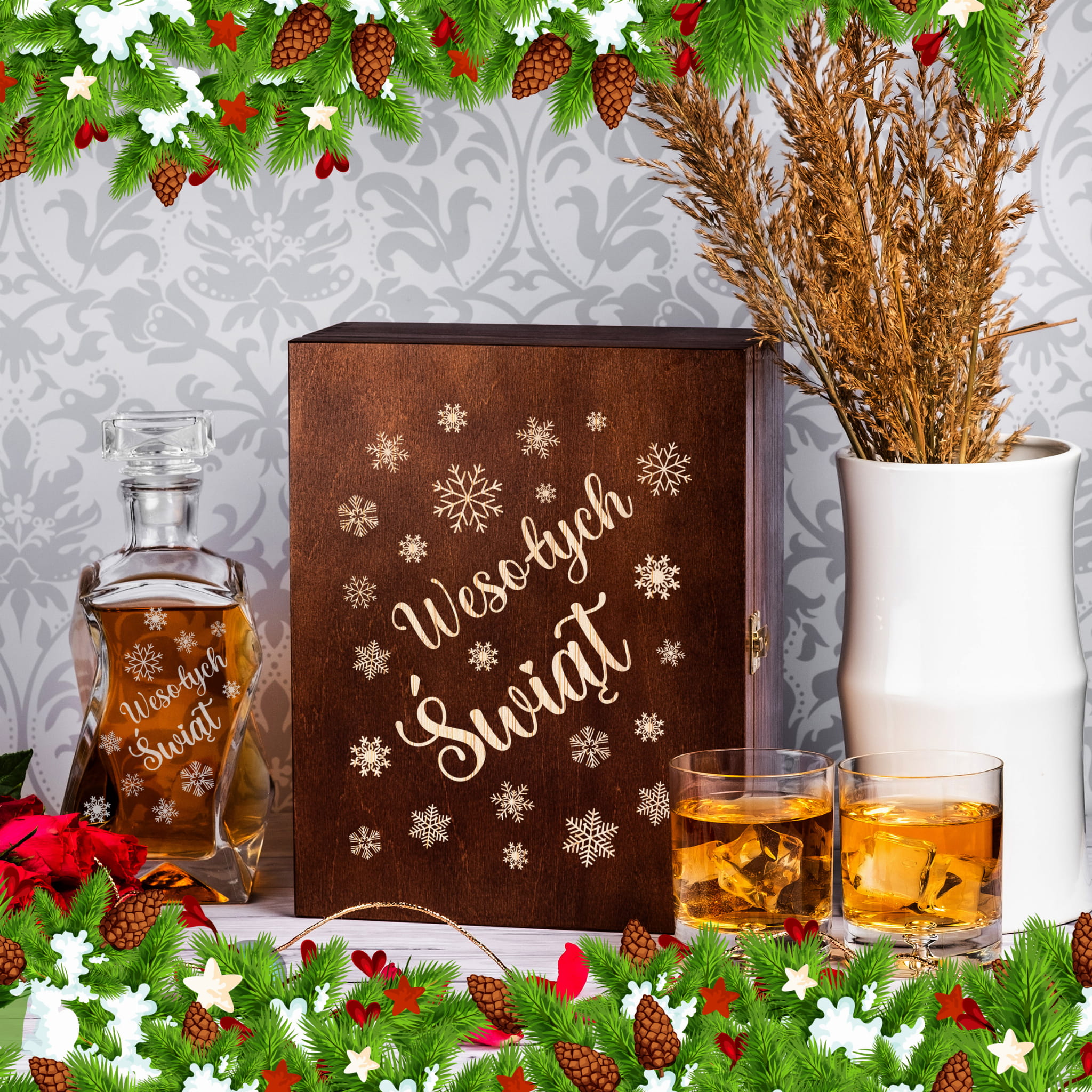 Karafka na whisky z grawerem i szklanki na święta w skrzynce ciemny brąz