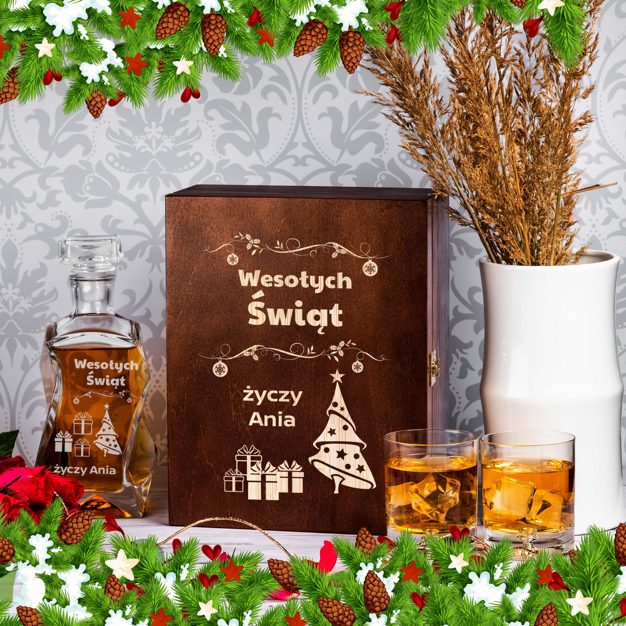 Karafka na whisky z grawerem i szklanki na święta w skrzynce ciemny brąz