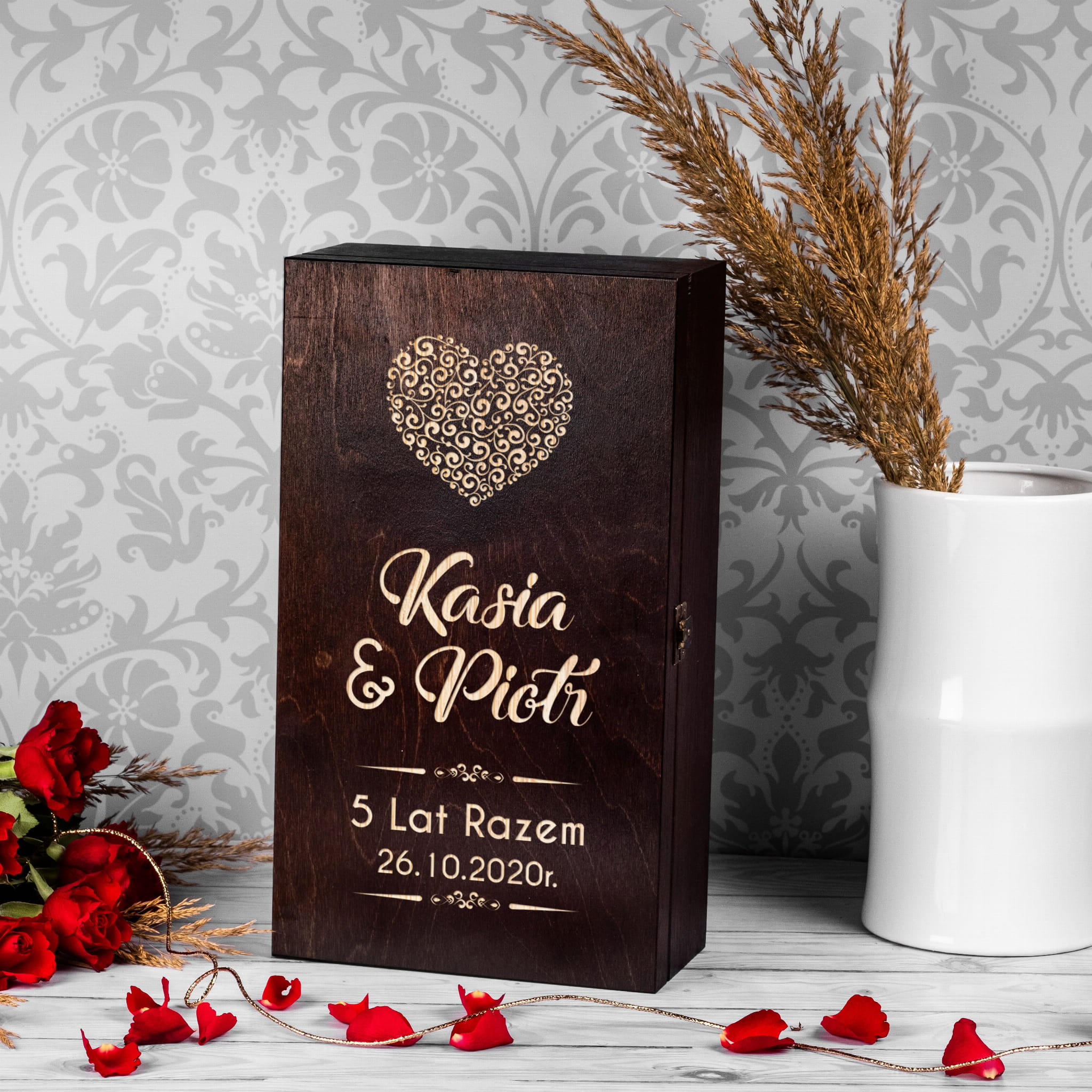 Podwójna skrzynka na wino z grawerem na rocznicę ślubu